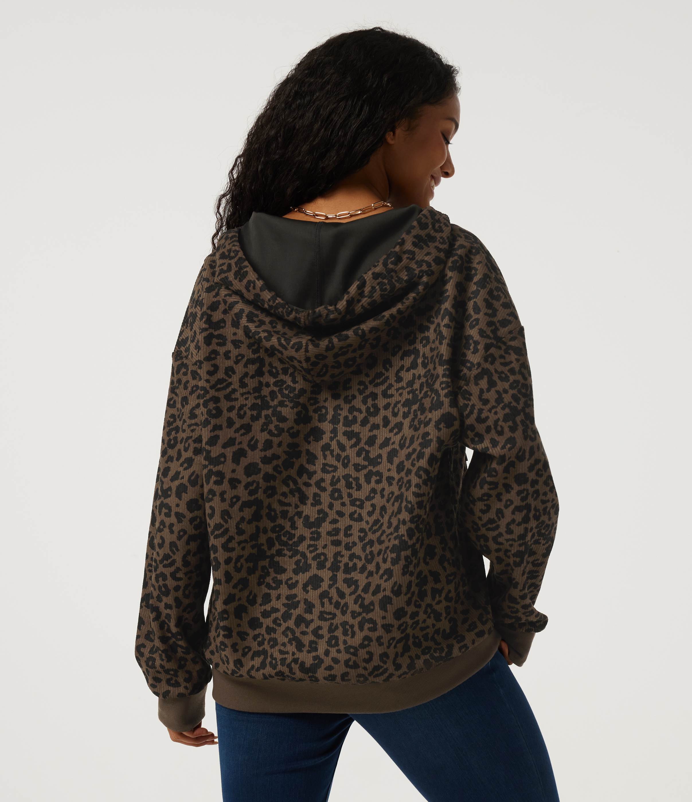 Brown and Black Leopard Hooded Leopard Print Long Sleeve Corduroy Casual Jacket with Pockets / 2