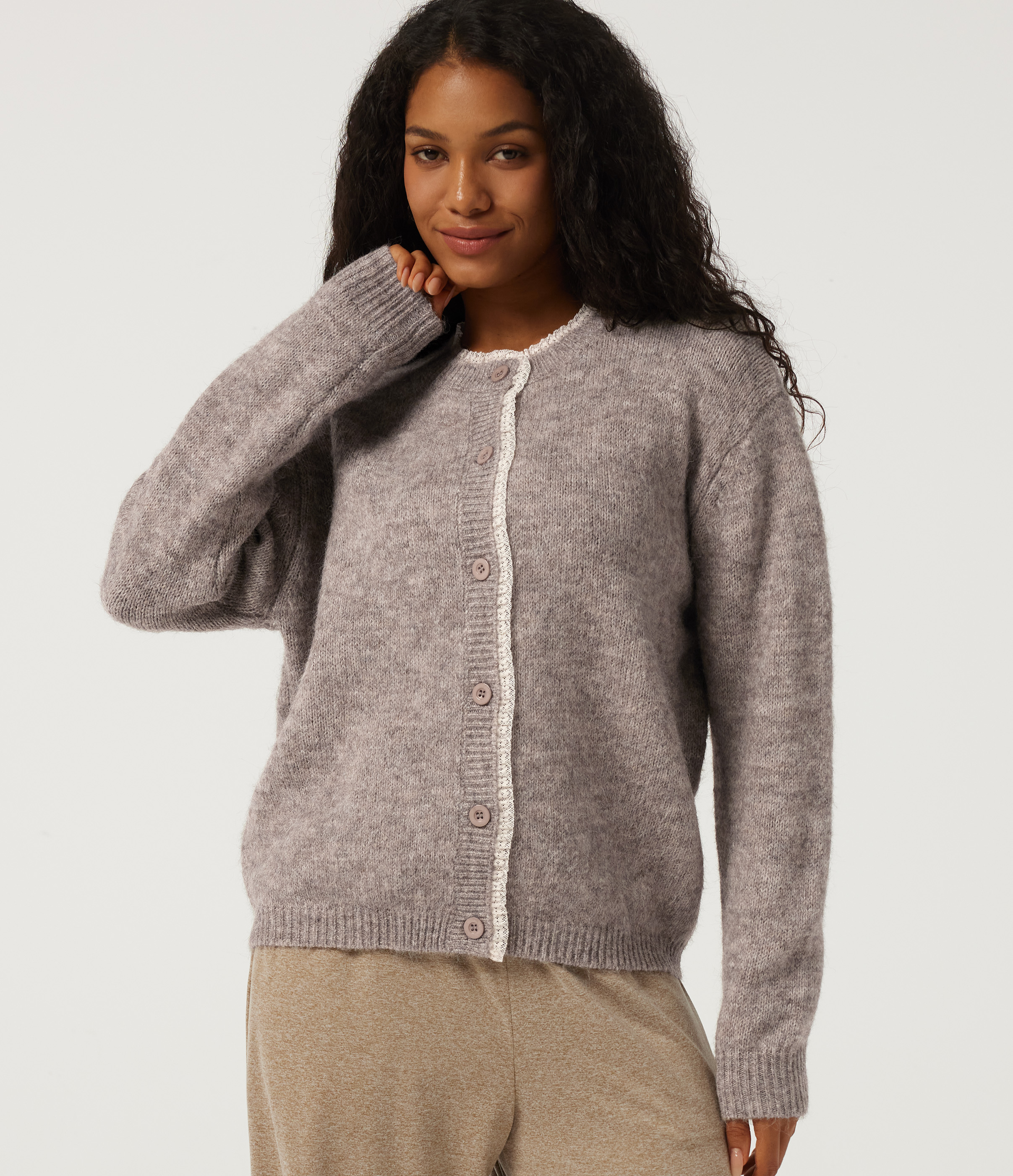 Round Neck Long Sleeve Contrast Lace Casual Cardigan