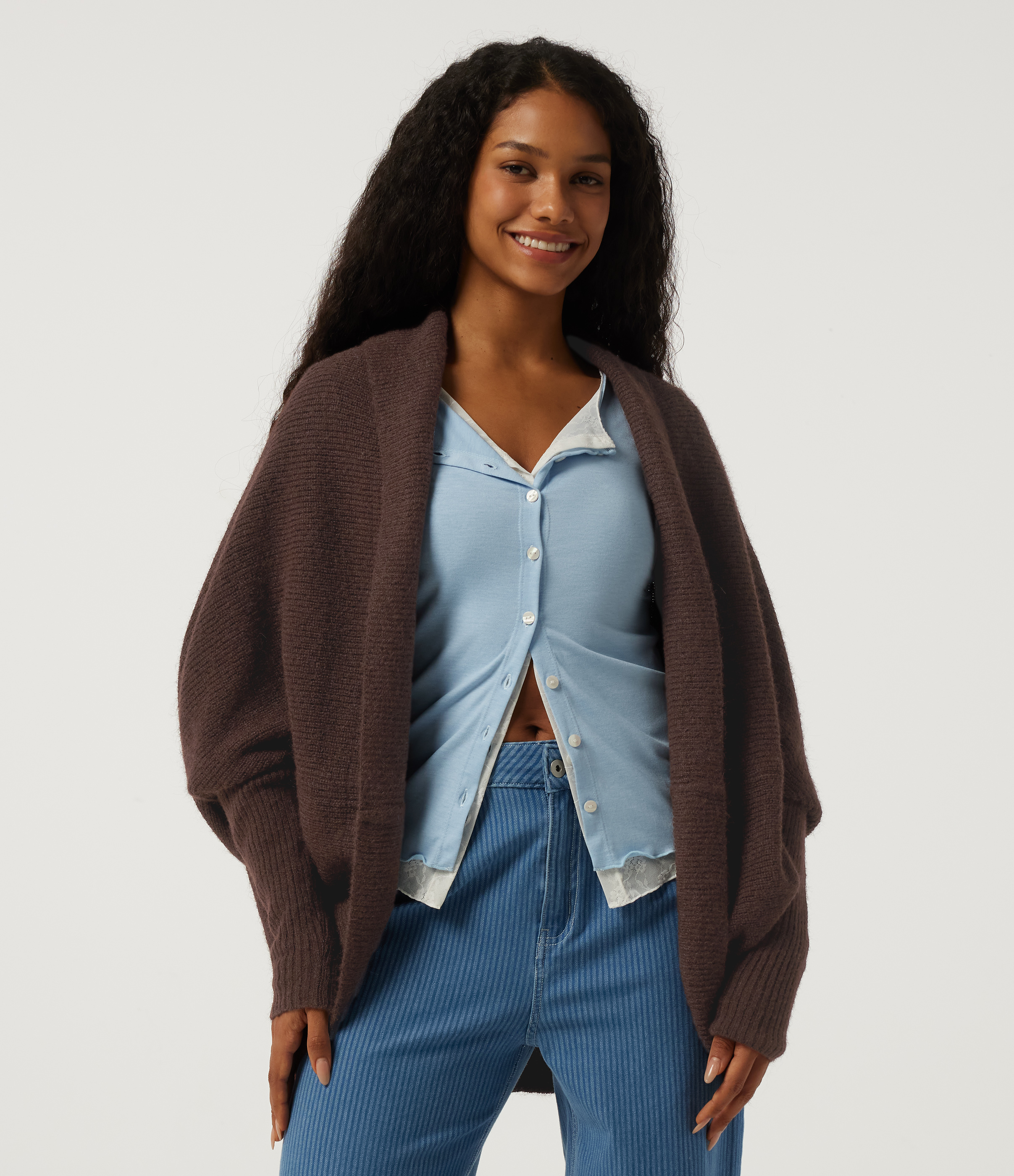 Lapel Batwing Long Sleeve Open Front Casual Cardigan