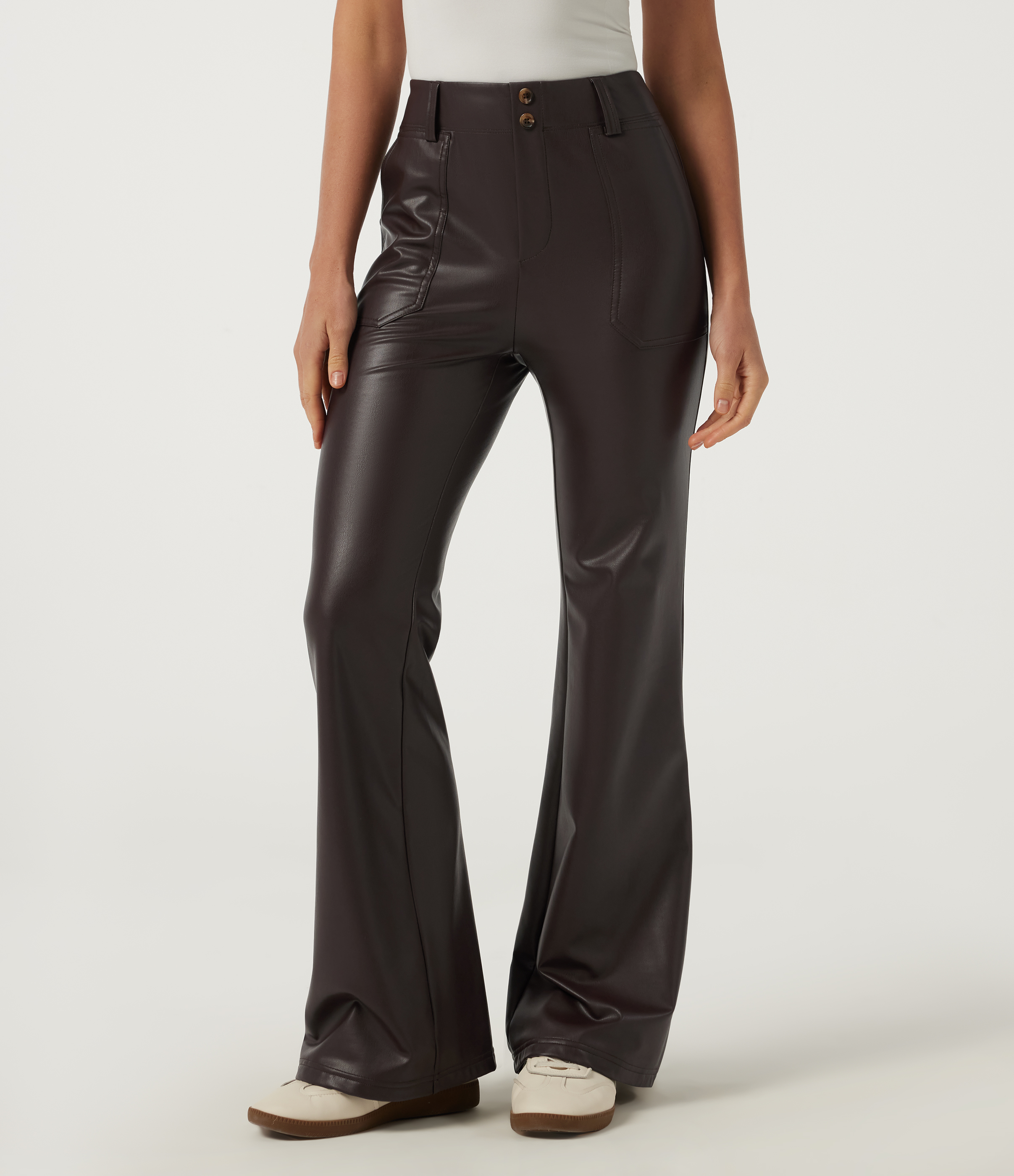 Mid Rise Flare Stretchy PU Fleece Casual Pants with Pockets