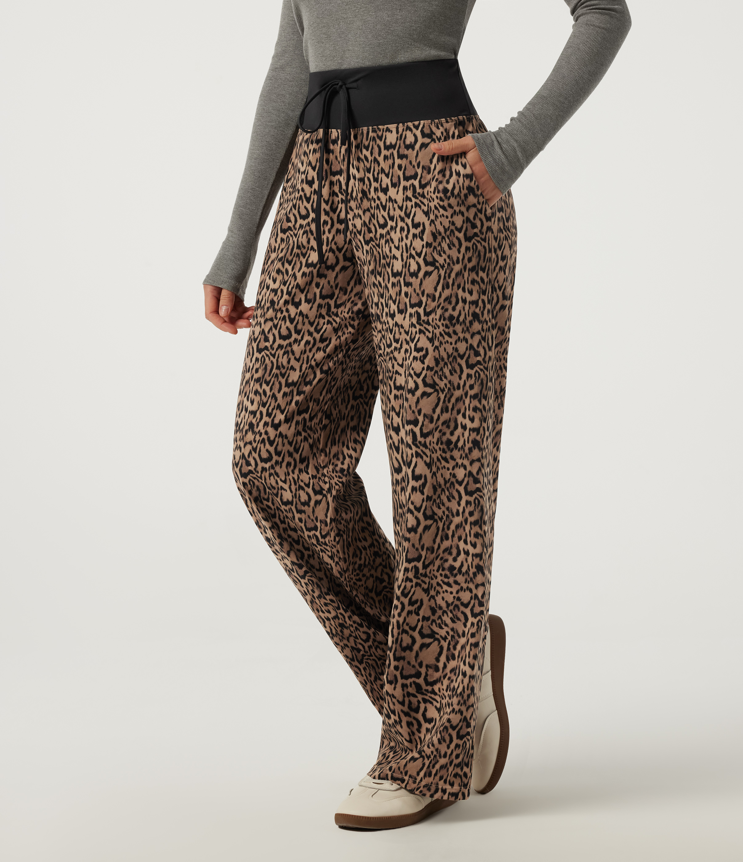 Halara UltraSculpt™ Leopard Print Mid Rise Drawstring Straight Leg Casual Pants with Pockets