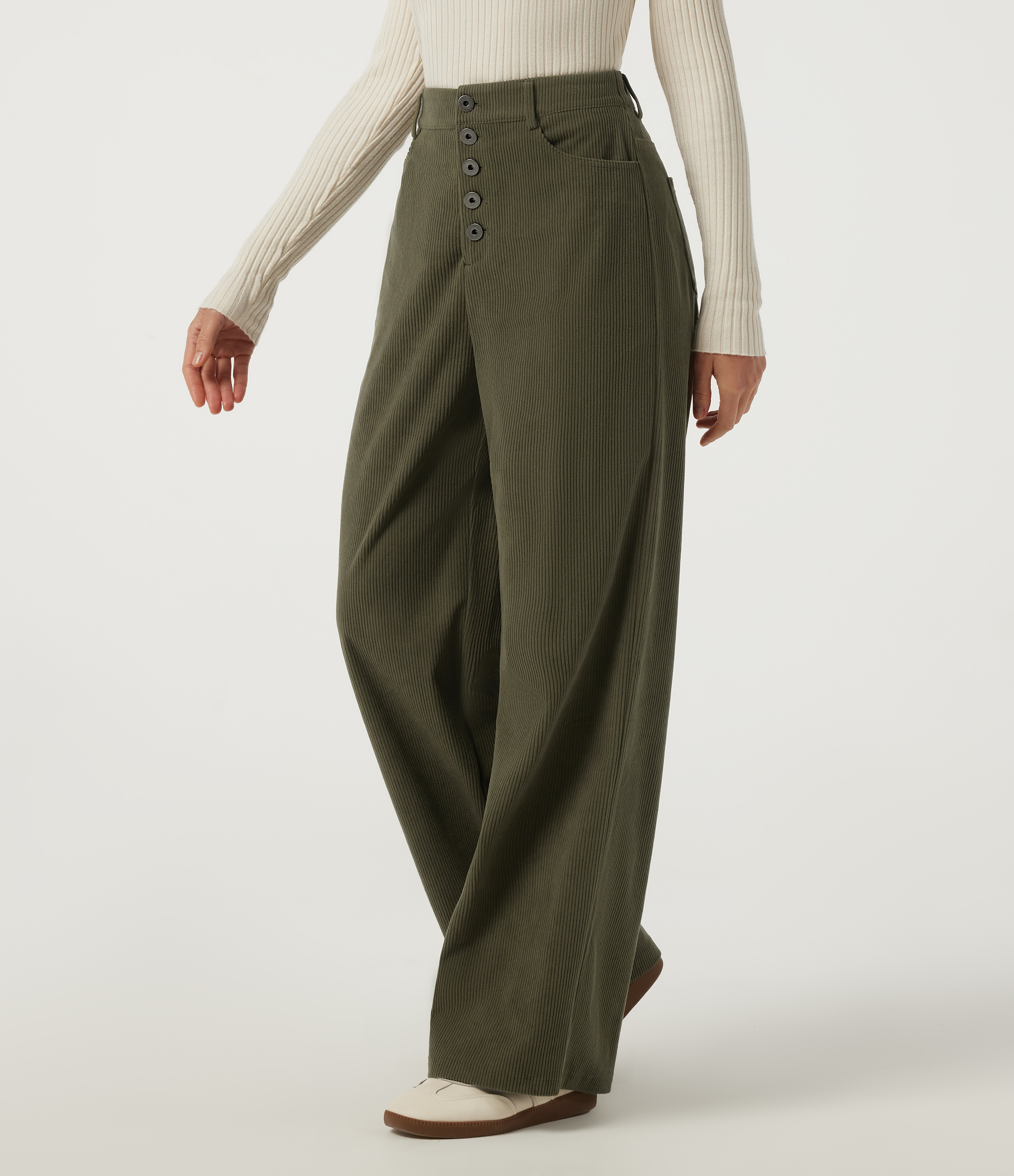 Lamb's Ear Green Weite, hoch geschnittene Cord-Arbeitshose mit Taschen / 2