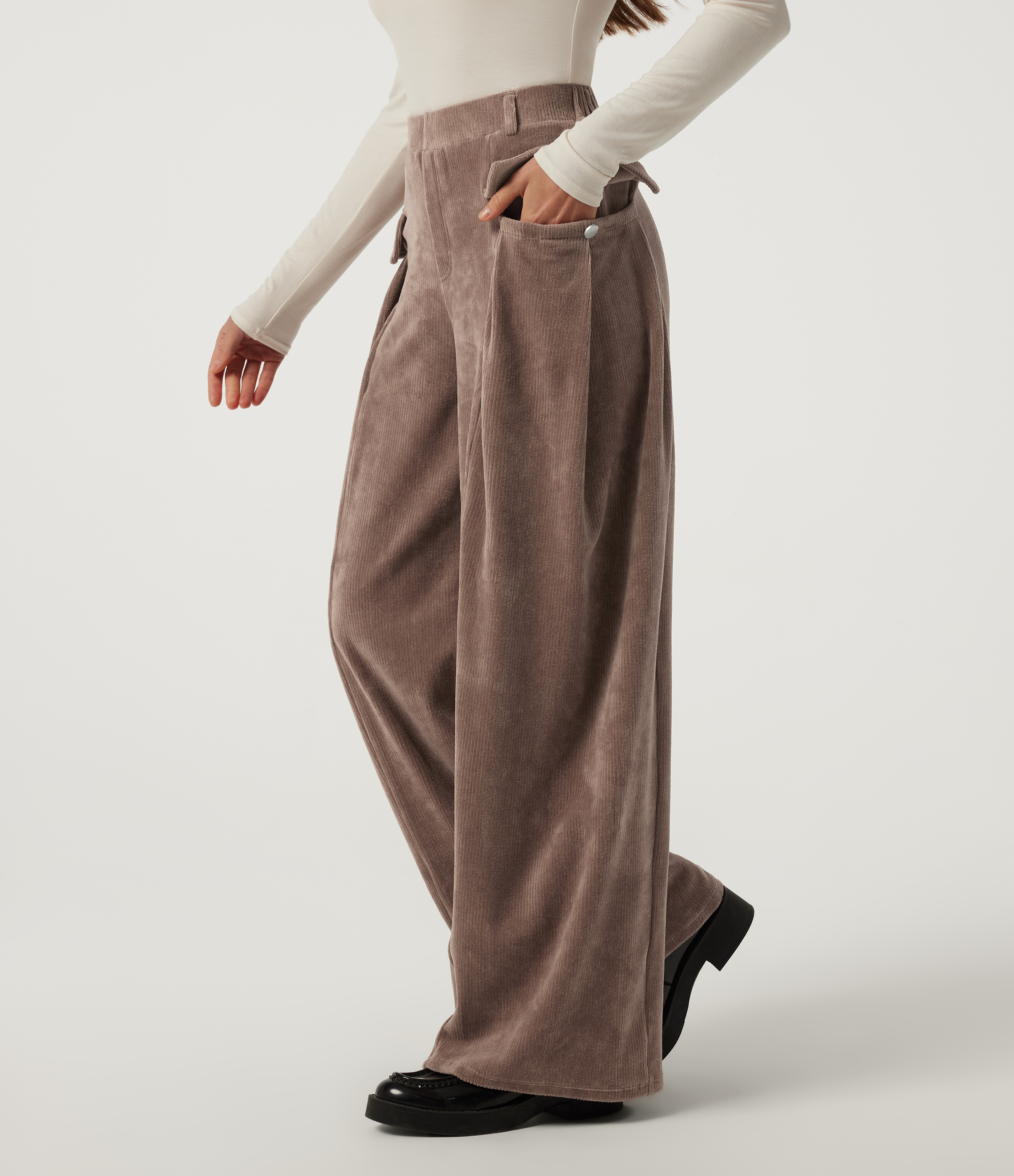 Mid Rise Baggy Corduroy Casual Pants with Pockets