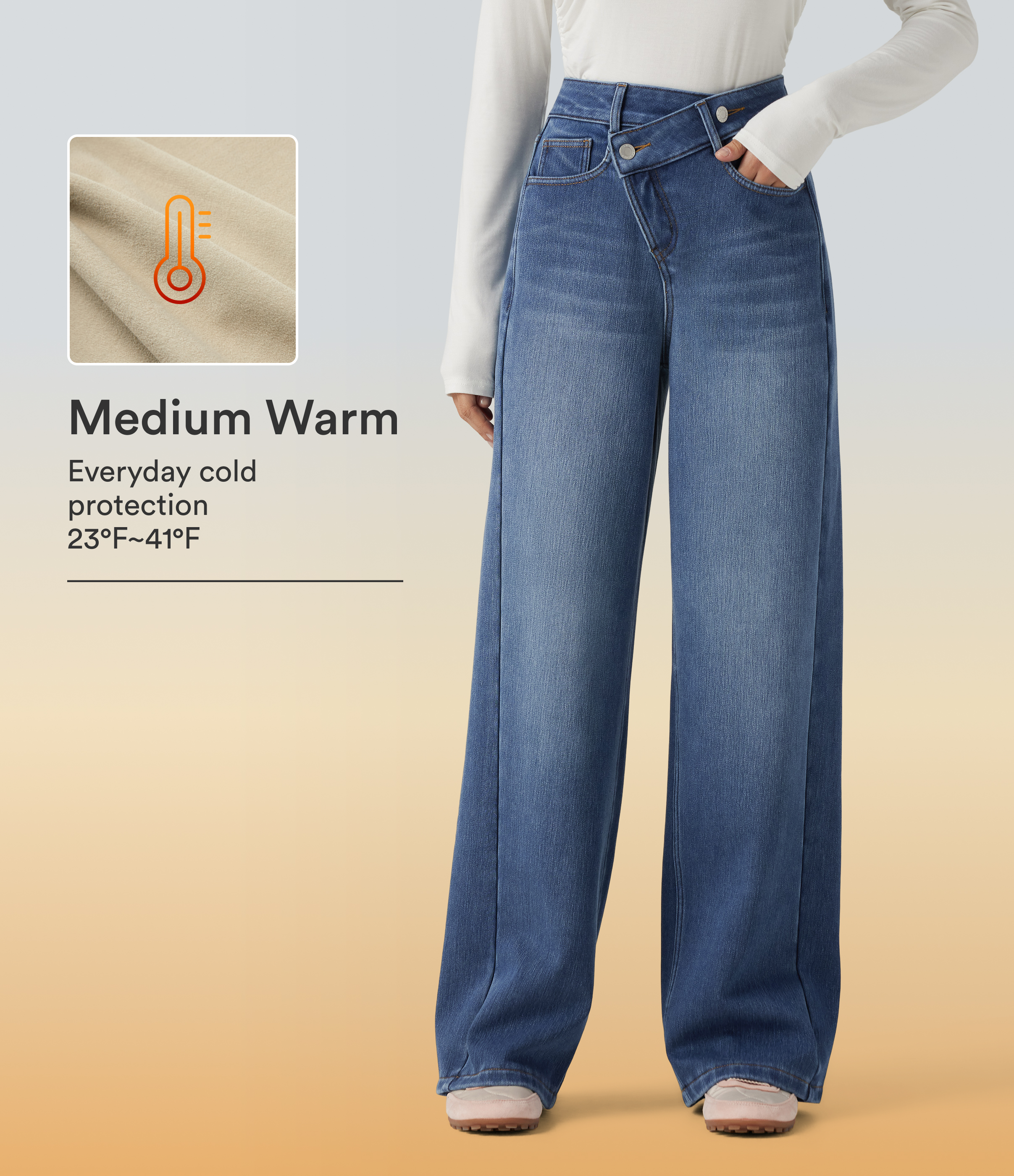 High Waisted Asymmetric Baggy Fleece Casual Cotton Jeans with Pockets