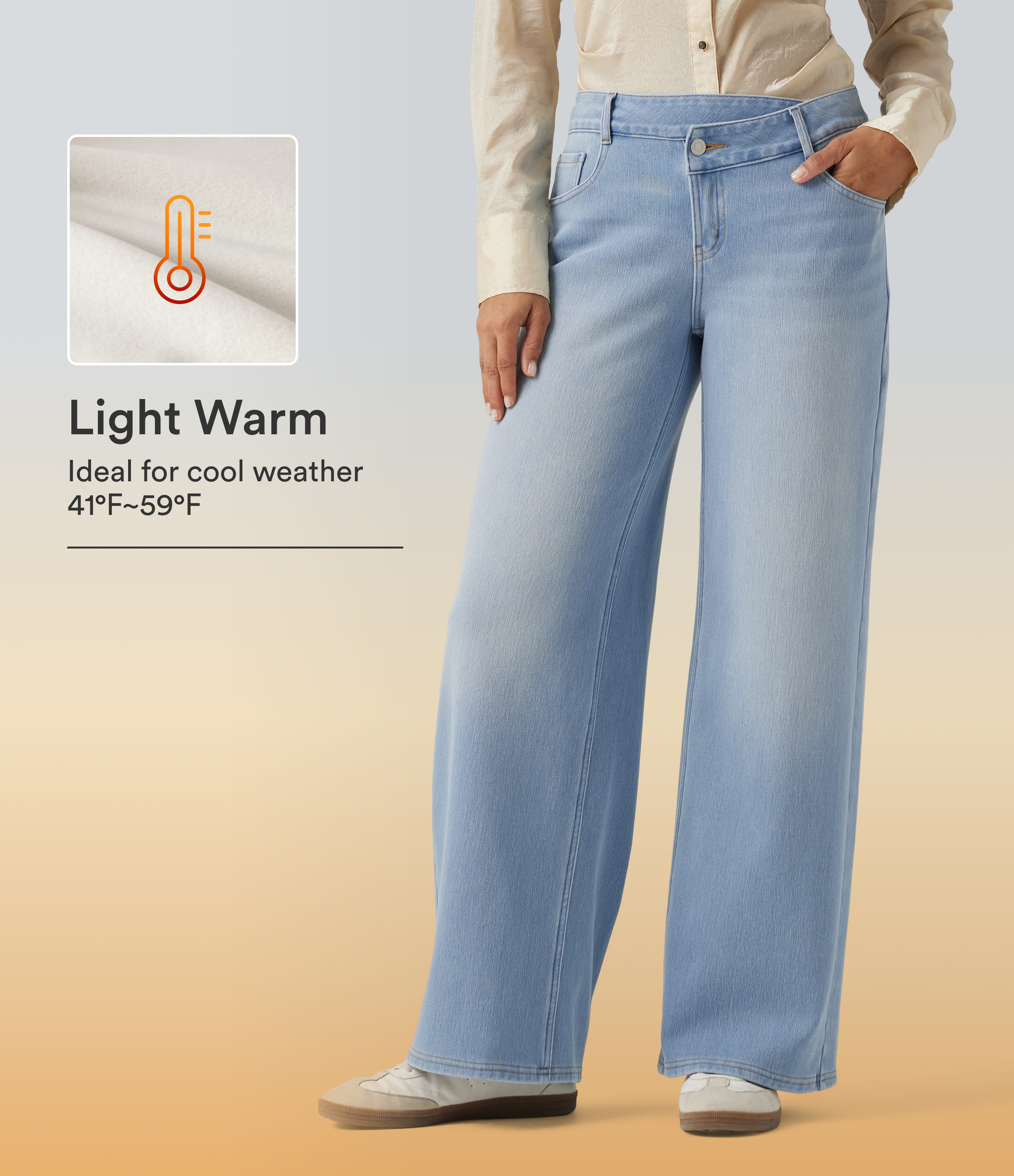 Mid Rise Asymmetric Wide Leg Fleece Casual Jeans with Pockets