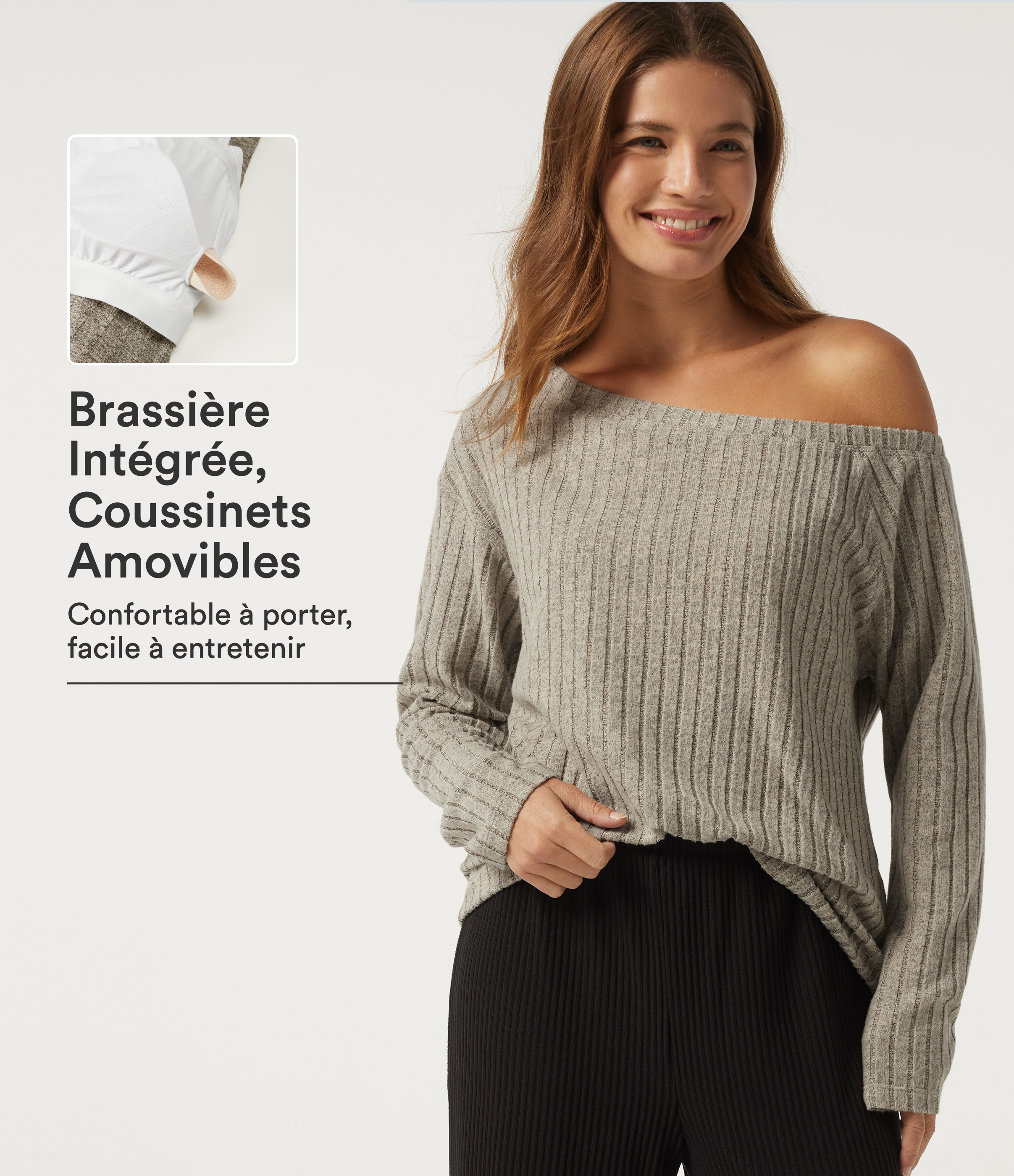 Top asymétrique en maille côtelée à une épaule et manches longues avec brassière intégrée