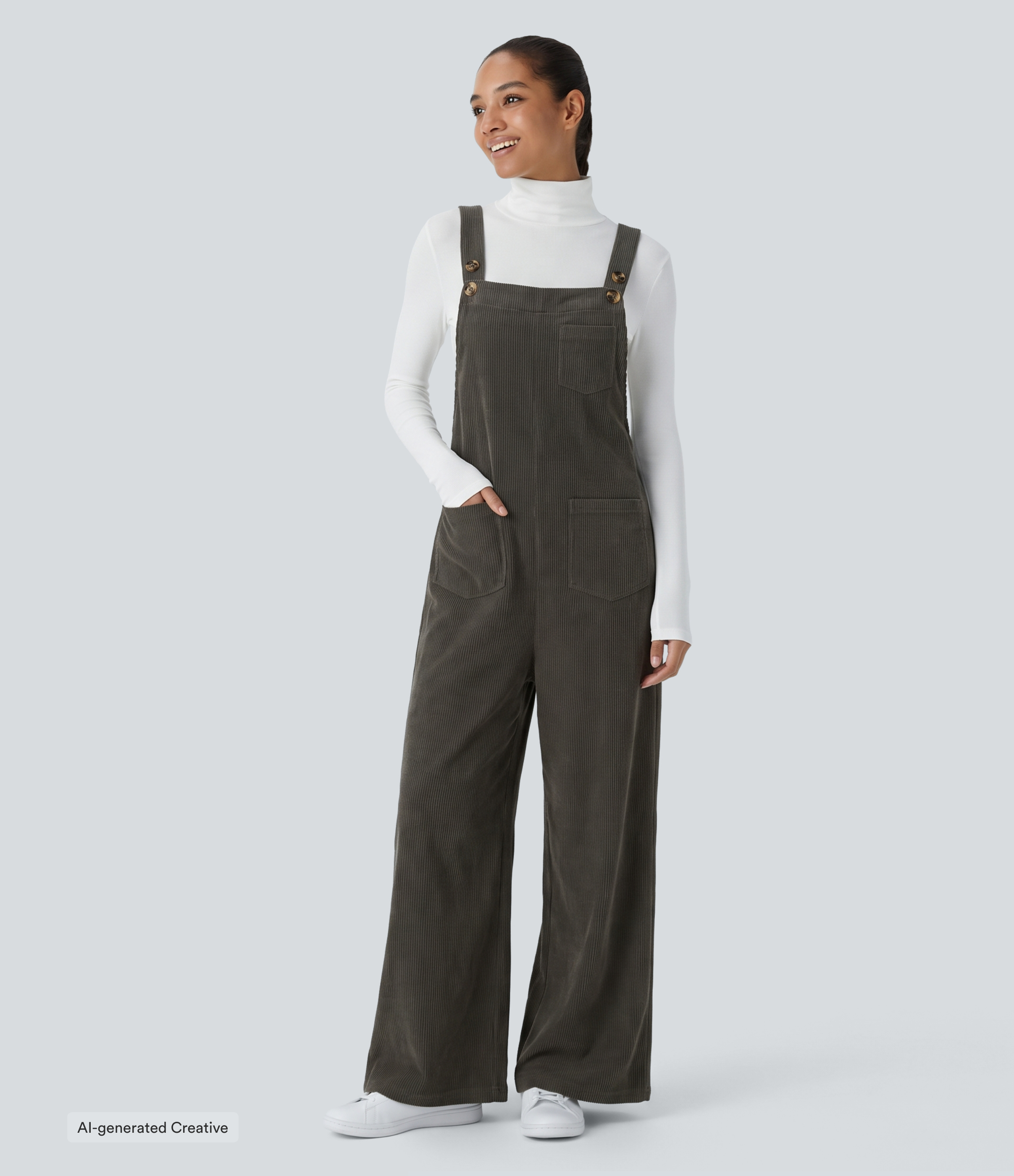 Square Neck Corduroy Casual Overalls with Pockets