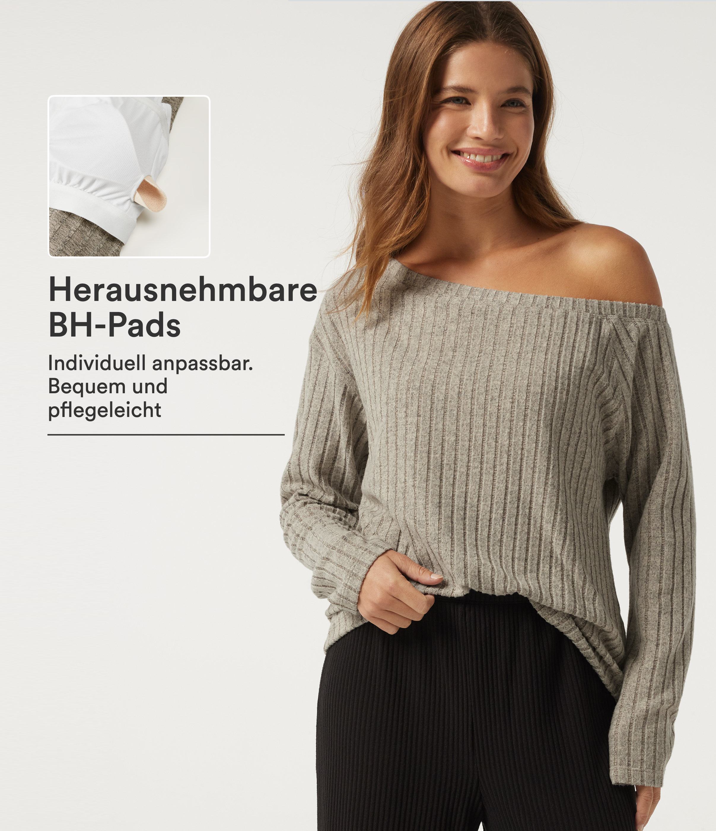 Warm Grey Floral Velvet Lounge-Top aus geripptem Strick mit langen Ärmeln, integriertem BH und asymmetrischem One-Shoulder-Design / 1