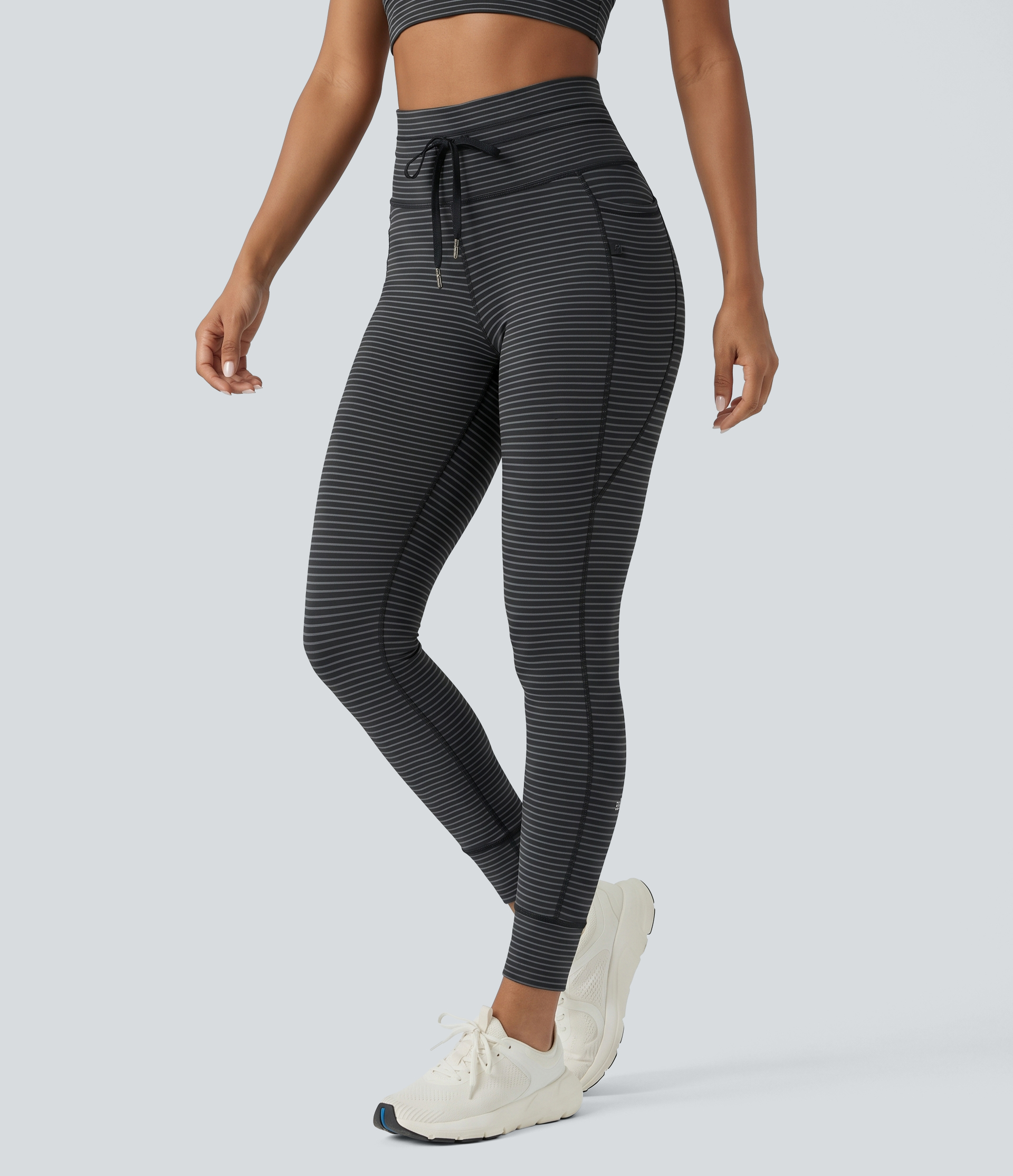High Waisted Drawstring Striped Yoga Leggings with Pockets