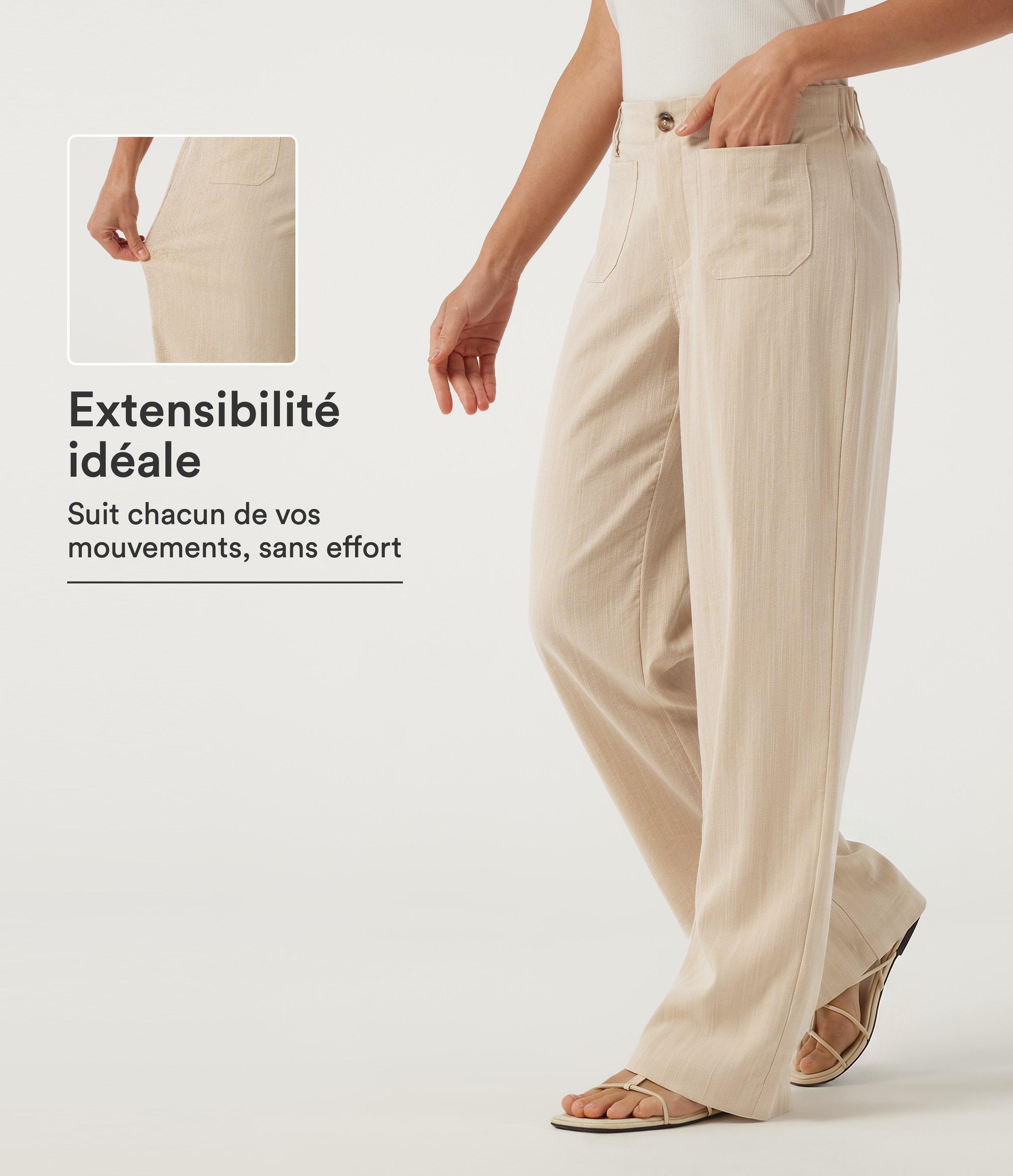 Pantalon effet lin droit taille basse avec poches