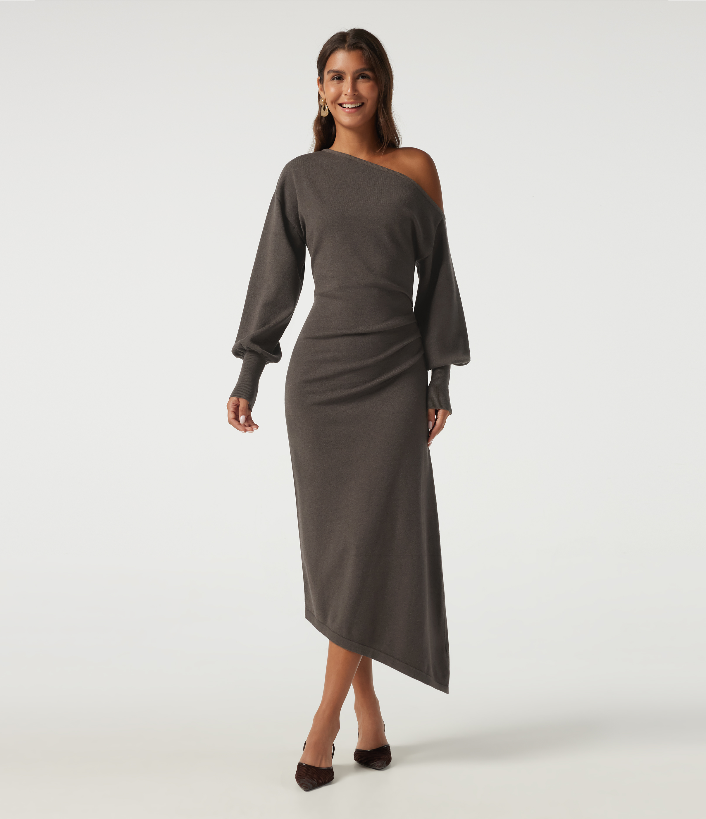 One Shoulder Puff Long Sleeve Asymmetric Work Midi Sweater Dress