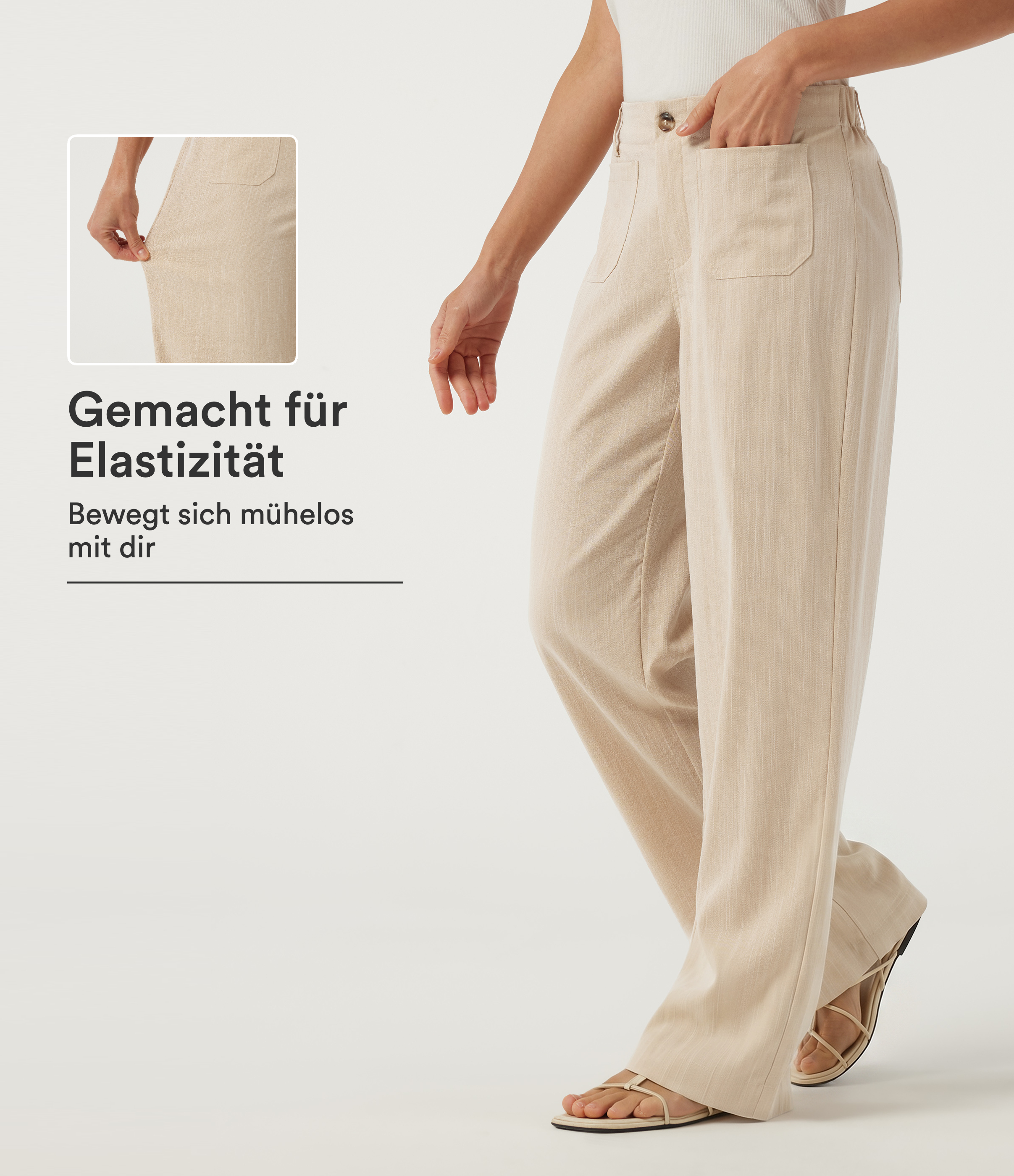 Lässige Hose in Leinenoptik mit niedrigem Bund, mehreren Taschen und geradem Bein