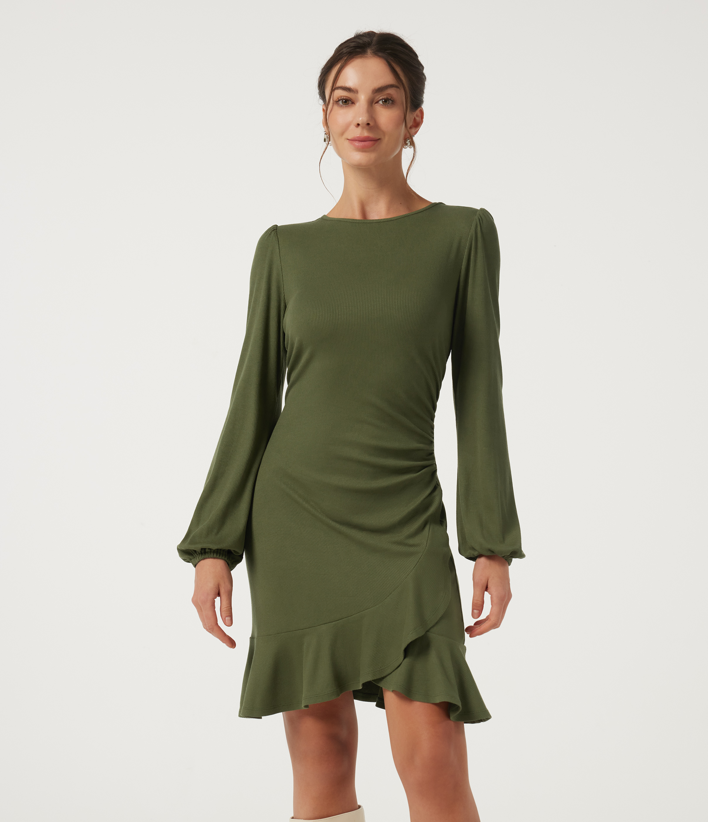 Ribbed Round Neck Long Sleeve Ruffle Hem A-Line Casual Bodycon Mini Dress