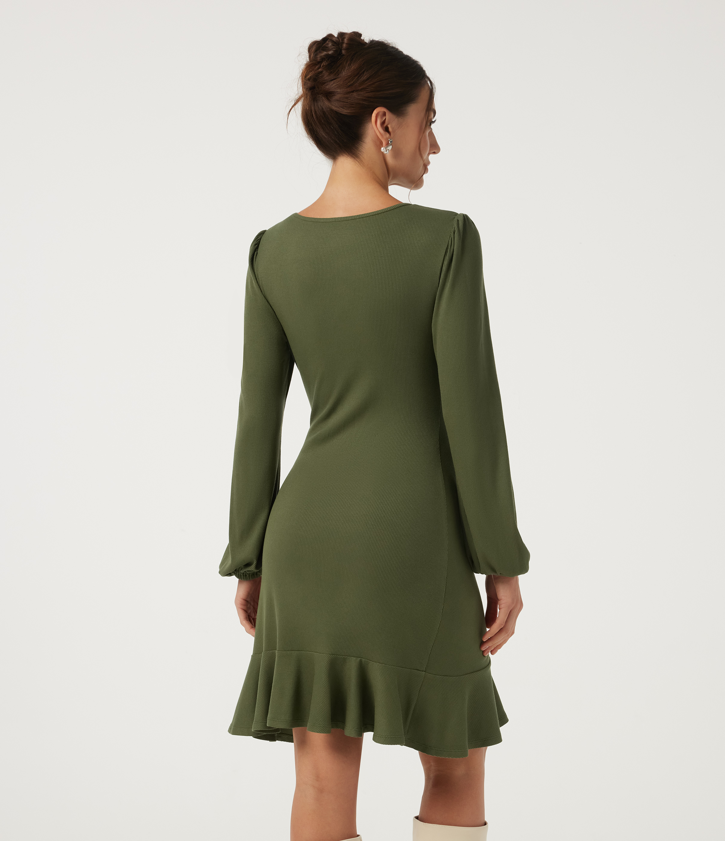Moss Green Ribbed Round Neck Long Sleeve Ruffle Hem A-Line Casual Bodycon Mini Dress / 2