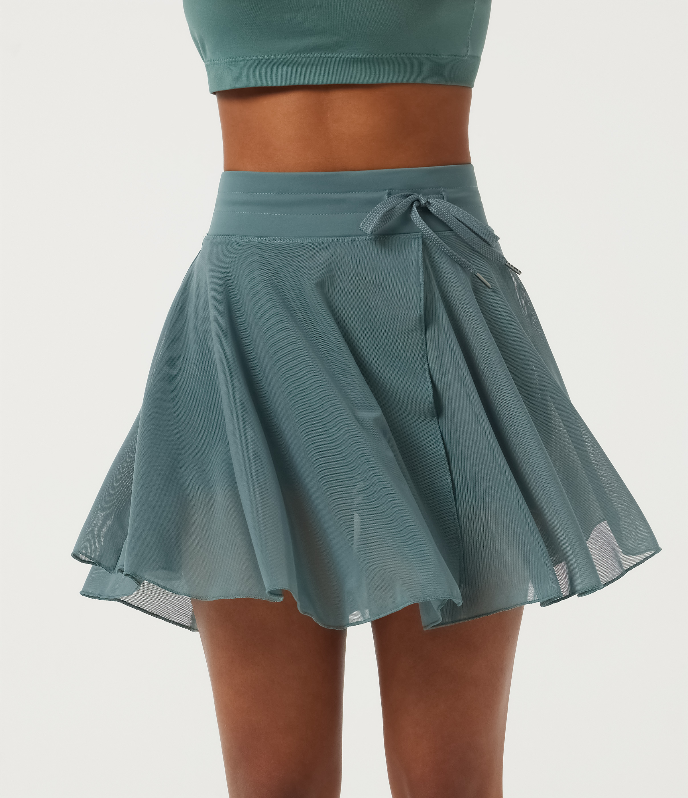 High Waisted Drawstring Contrast Mesh 2-in-1 Pocket Flowy Mini Flare Casual Skirt-Longer Length