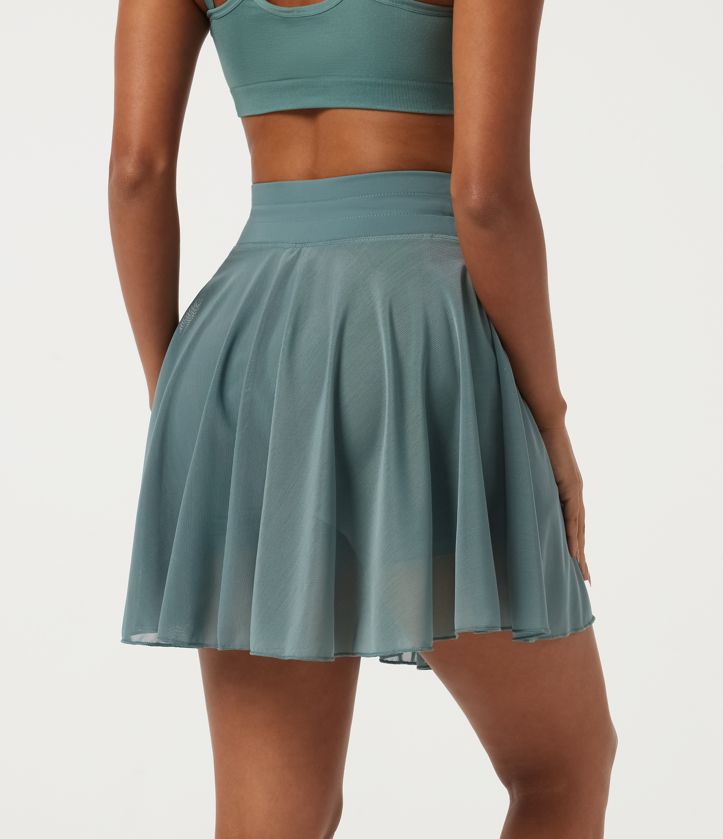 Mineral Blue High Waisted Drawstring Contrast Mesh 2-in-1 Pocket Flowy Mini Flare Casual Skirt-Longer Length / 2