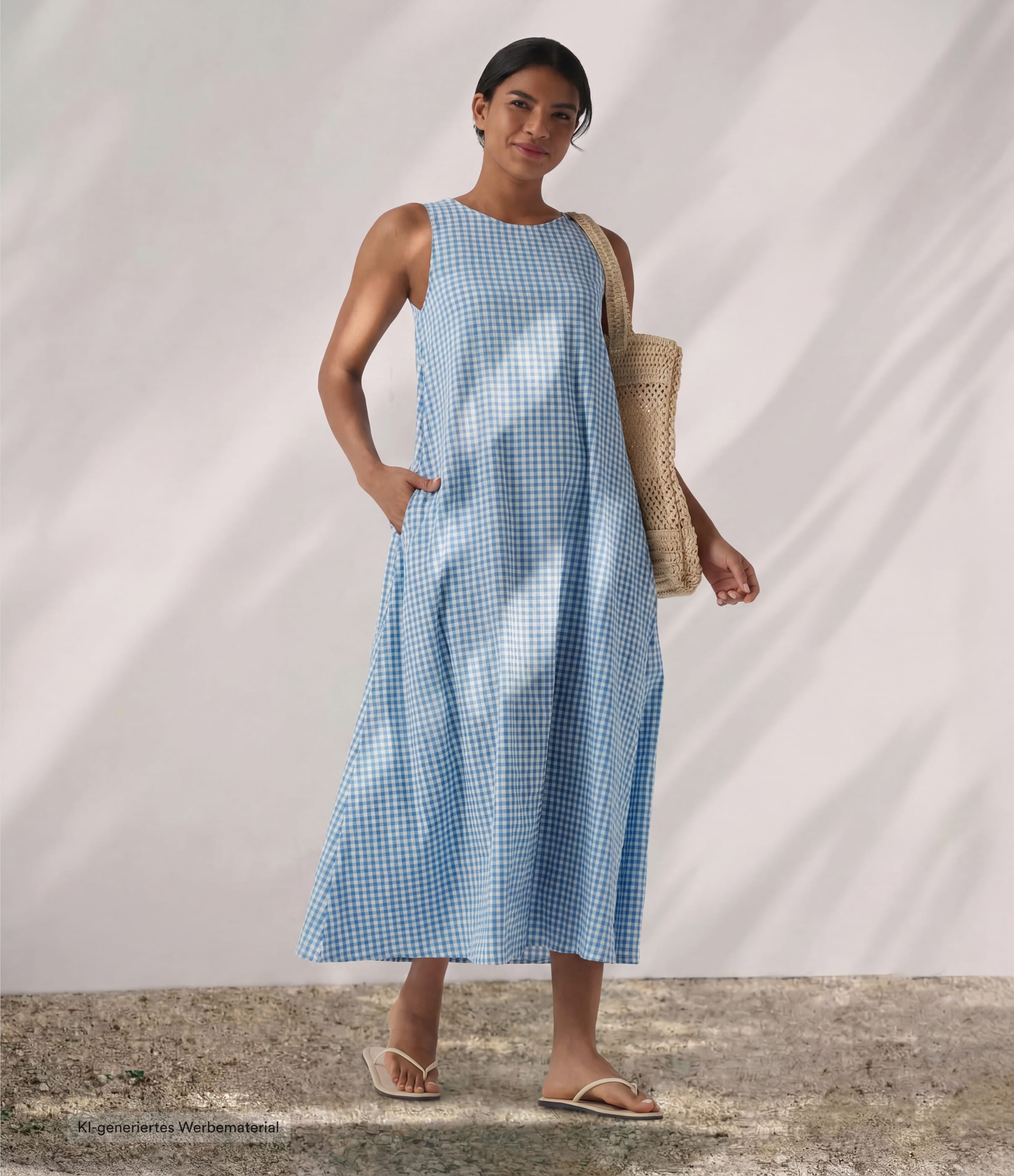 Round Neck Sleeveless Midi Crinkle Gingham Casual Tank Dress with Pockets