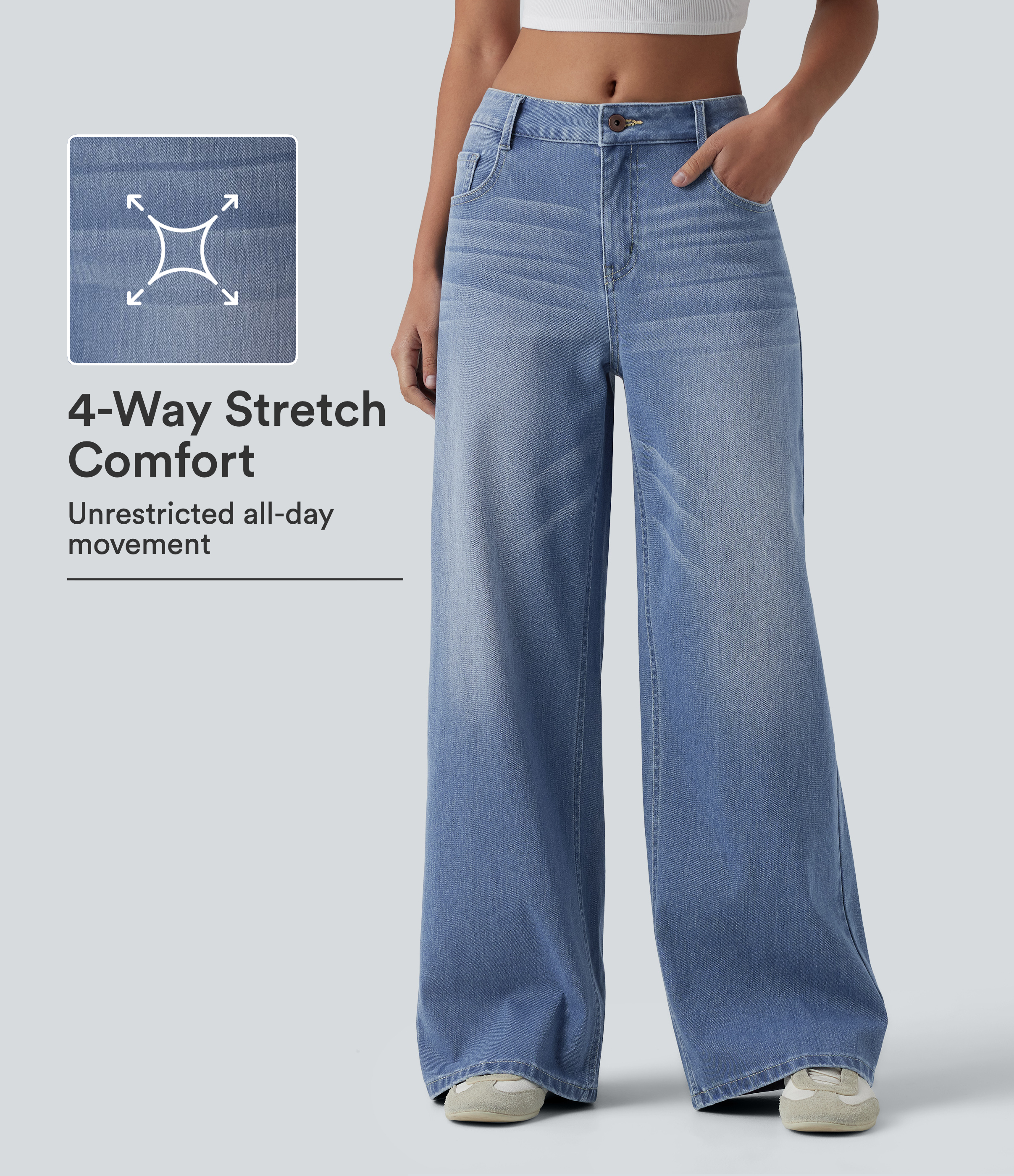 Halara Flex™ Mid Rise Washed Lightweight Baggy Wide Leg Casual Jeans with Pockets