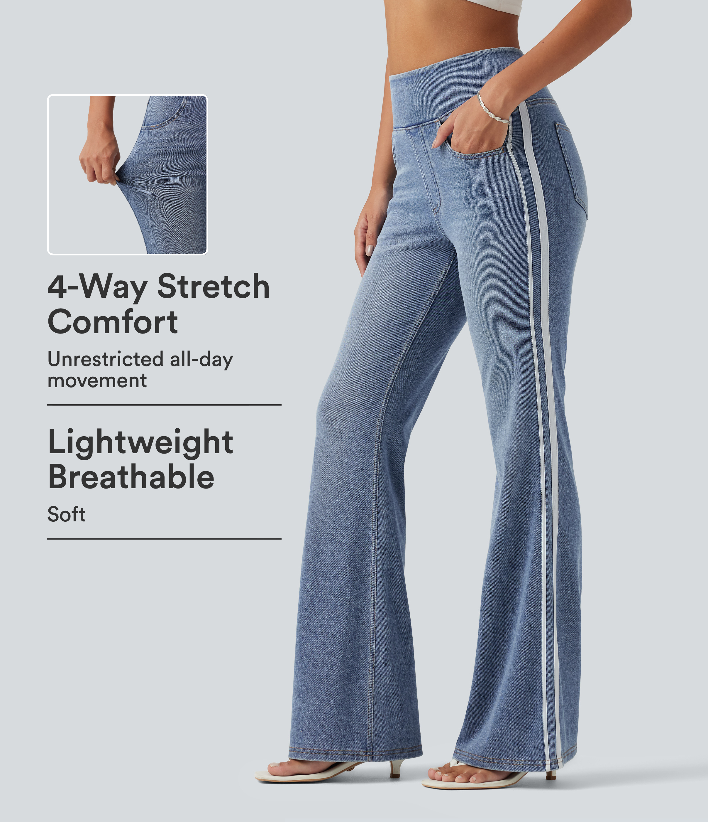 Halara Flex™ High Waisted Stripe Flare Washed Casual Jeans with Pockets