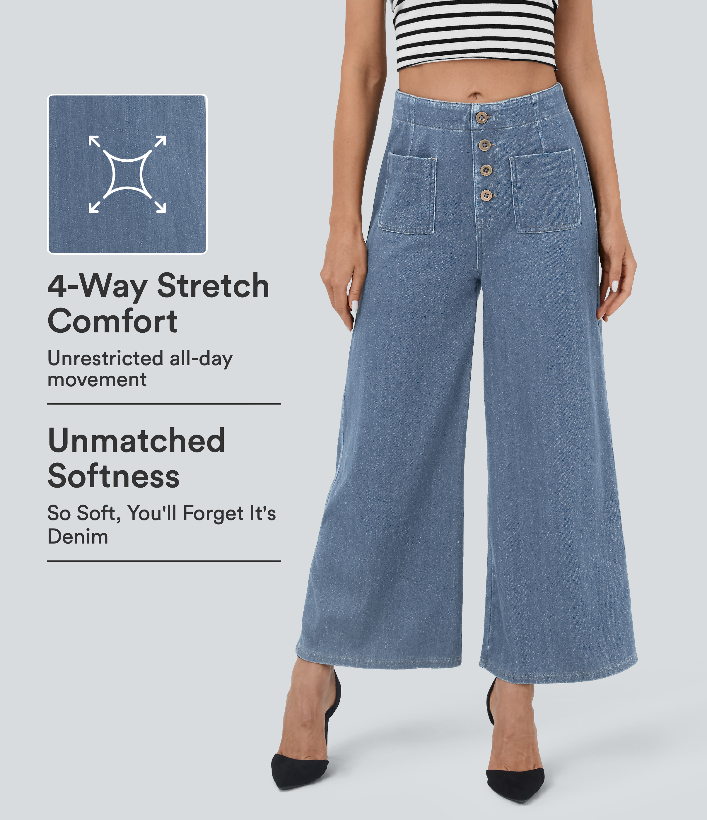 Blue Ice Denim Halara Flex™ High Waisted Pockets Washed Smart Casual Women Wide Leg Baggy Denim Jeans / 1