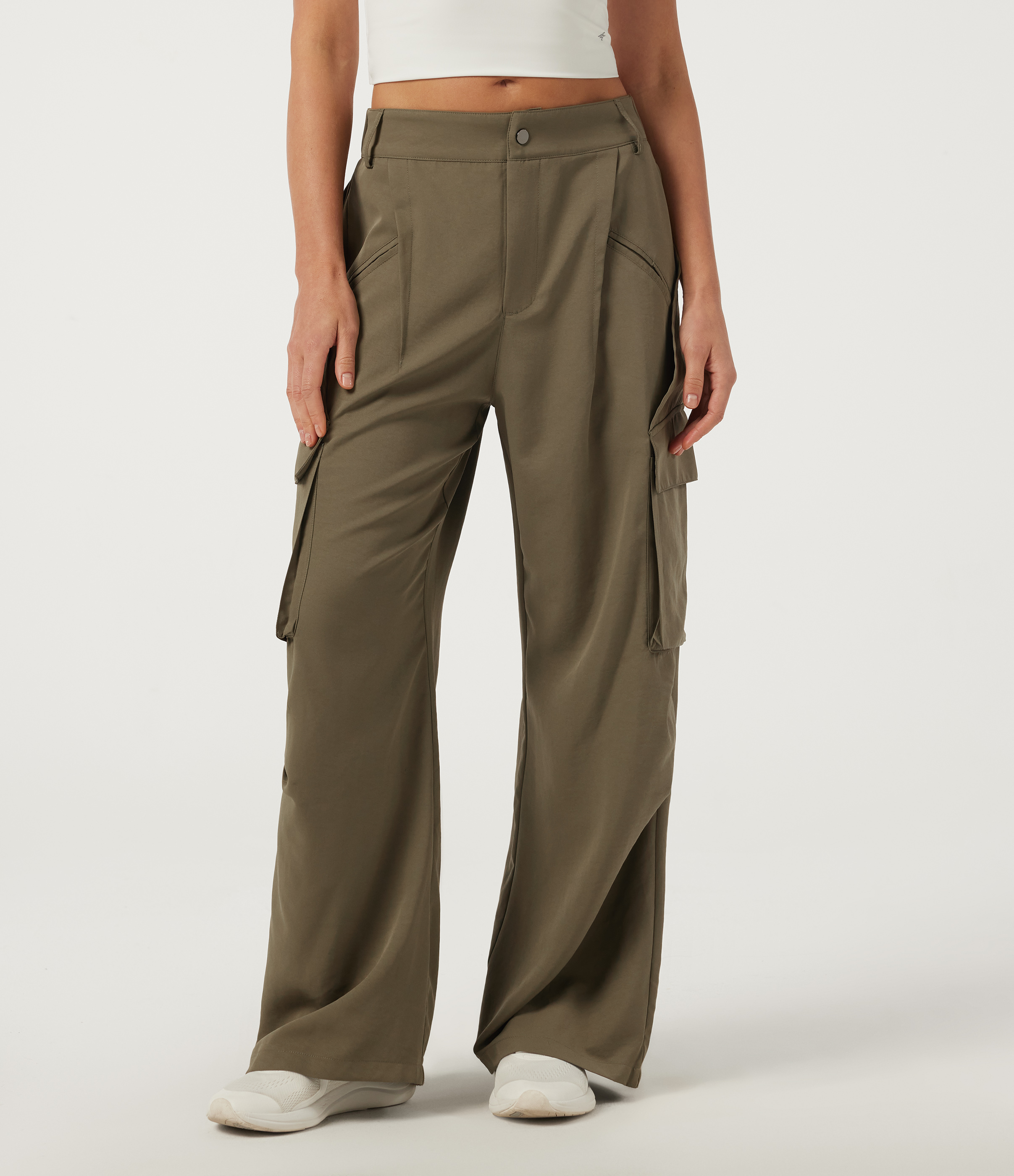 Mid Rise Button Zipper Side Pocket Wide Leg Baggy Casual Cargo Pants
