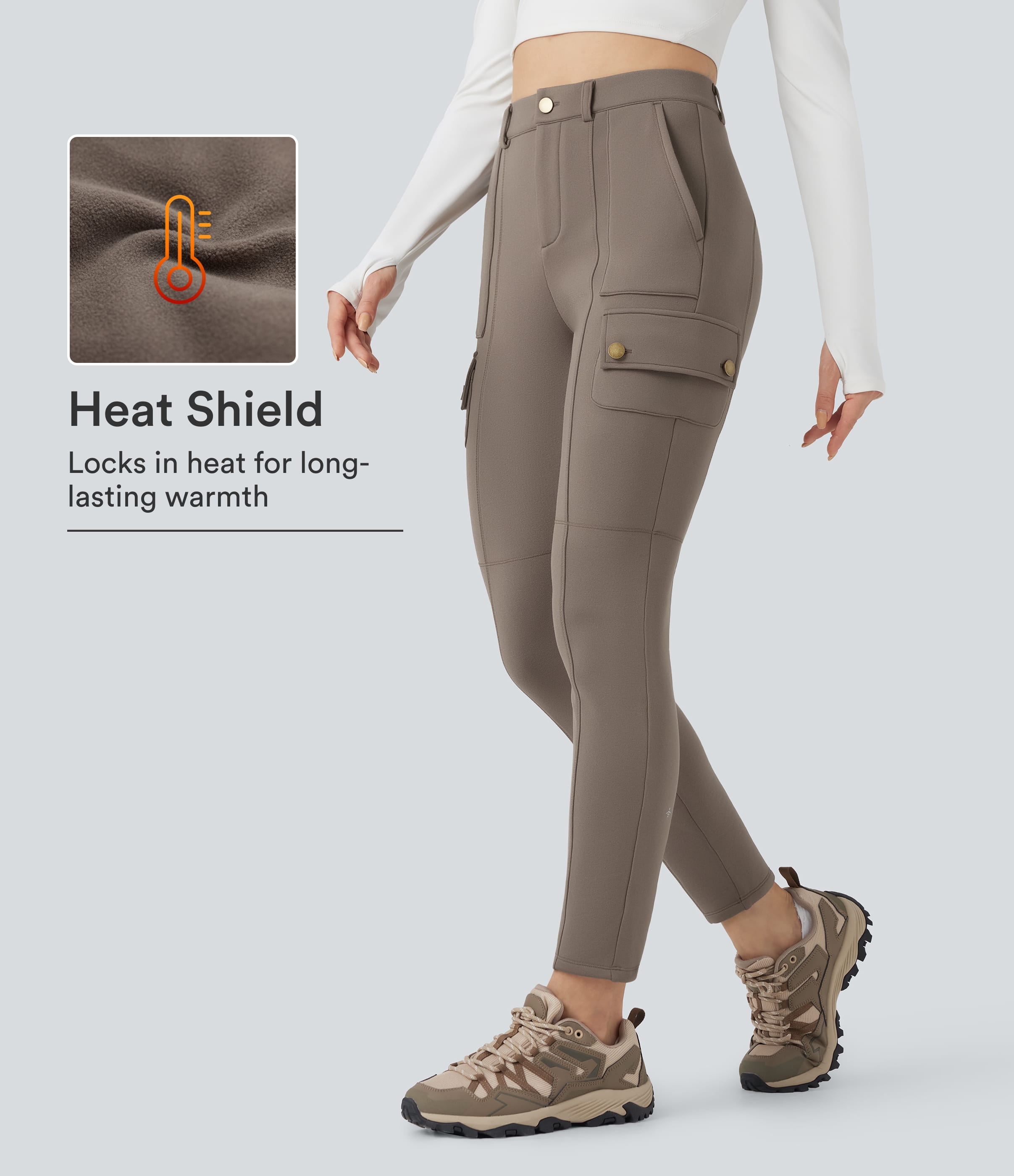 Walnut High Waisted Skinny Fleece Hiking Cargo Trousers with Pockets / 1