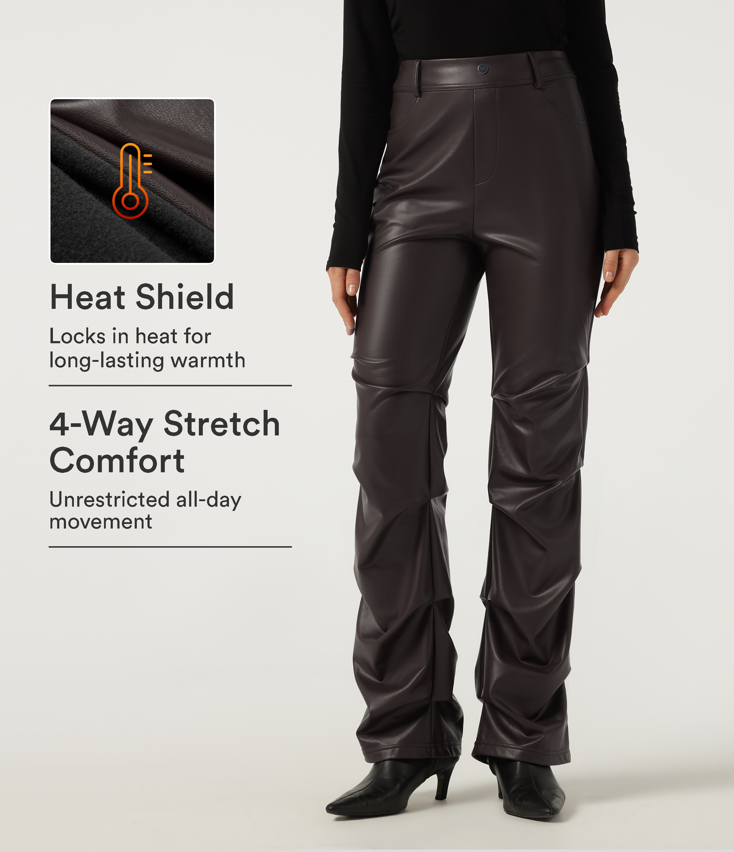 High Waisted Ruched Bootcut Stretchy PU Fleece Casual Pants with Pockets