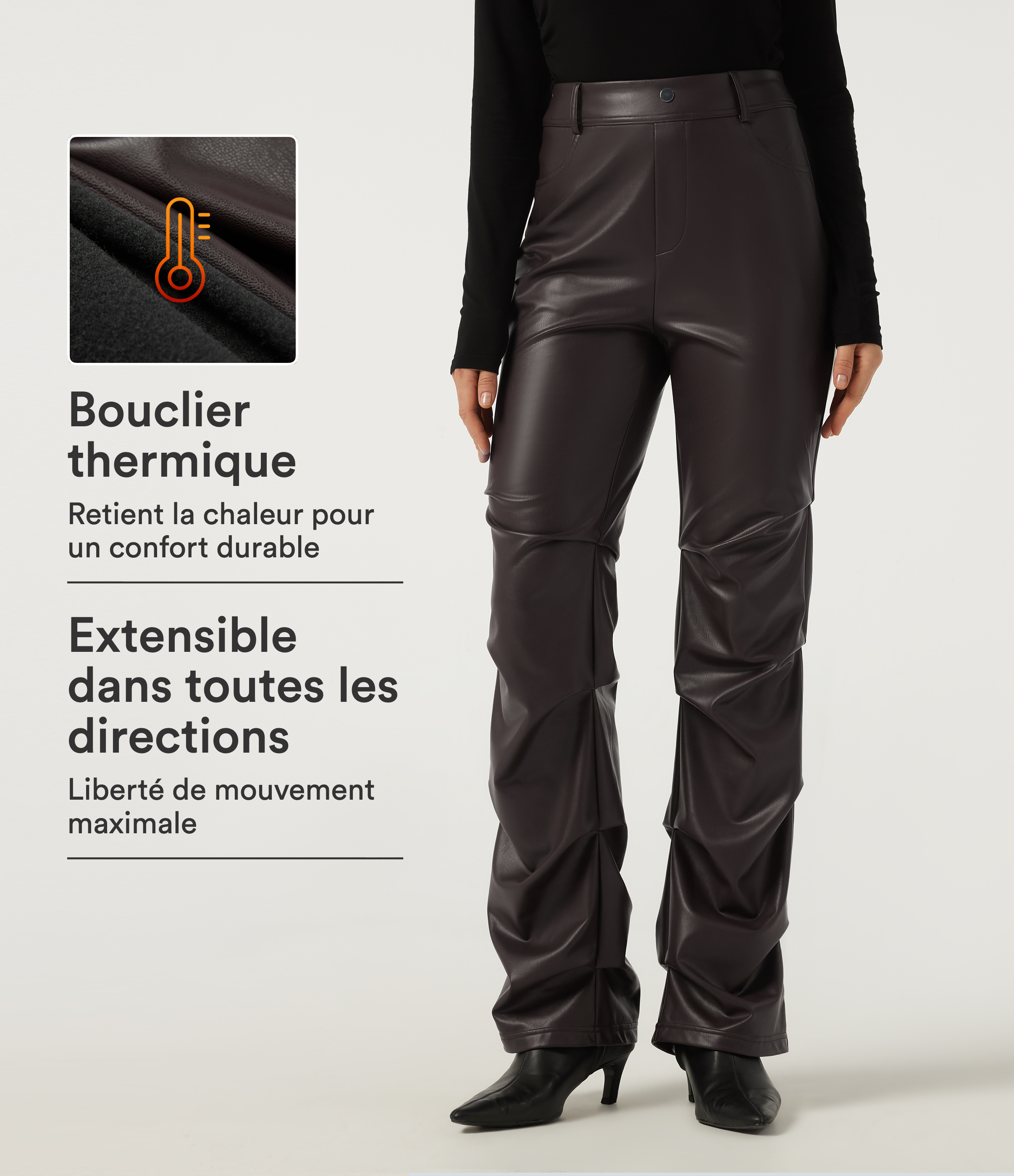 Pantalon bootcut en simili extensible doublé polaire taille haute avec fronces et poches