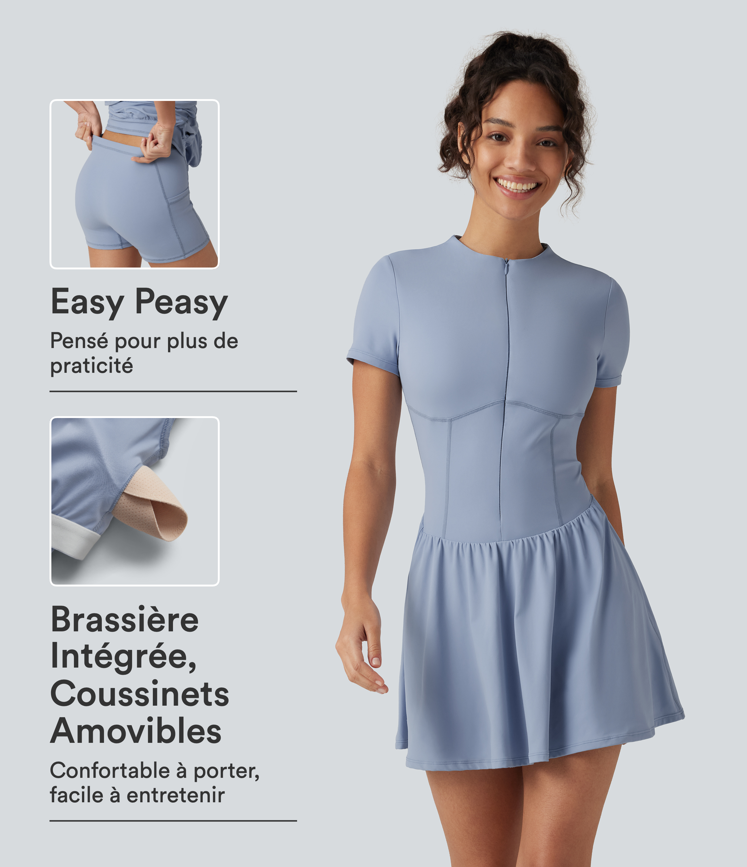 Robe de yoga courte accès facile Easy Peasy 2-en-1 SoftlyZero™ Airy effet frais InstantCool à col rond et manches courtes avec brassière intégrée et poches