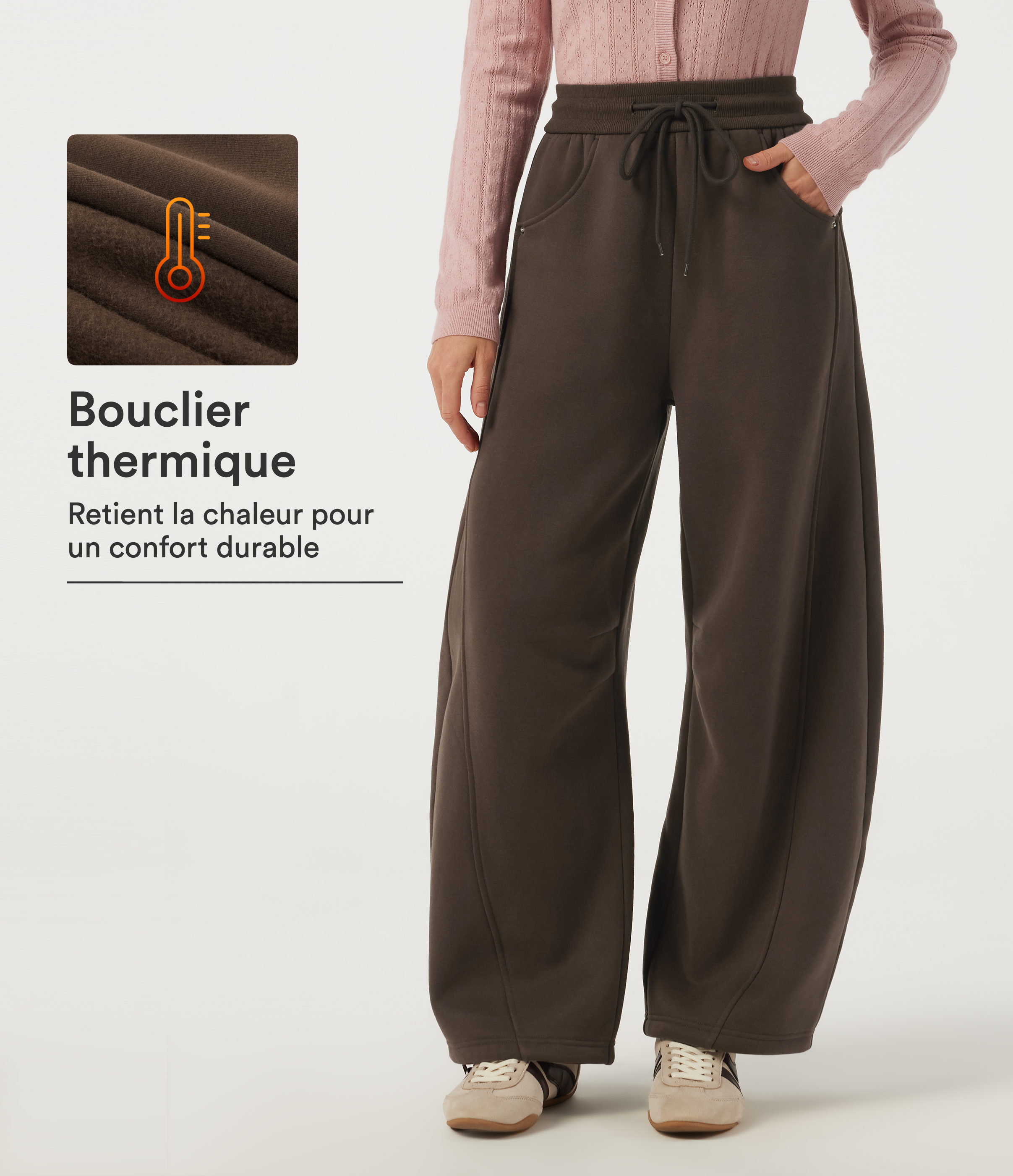 Jogging barrel en coton molletonné taille haute avec cordon de serrage et poches