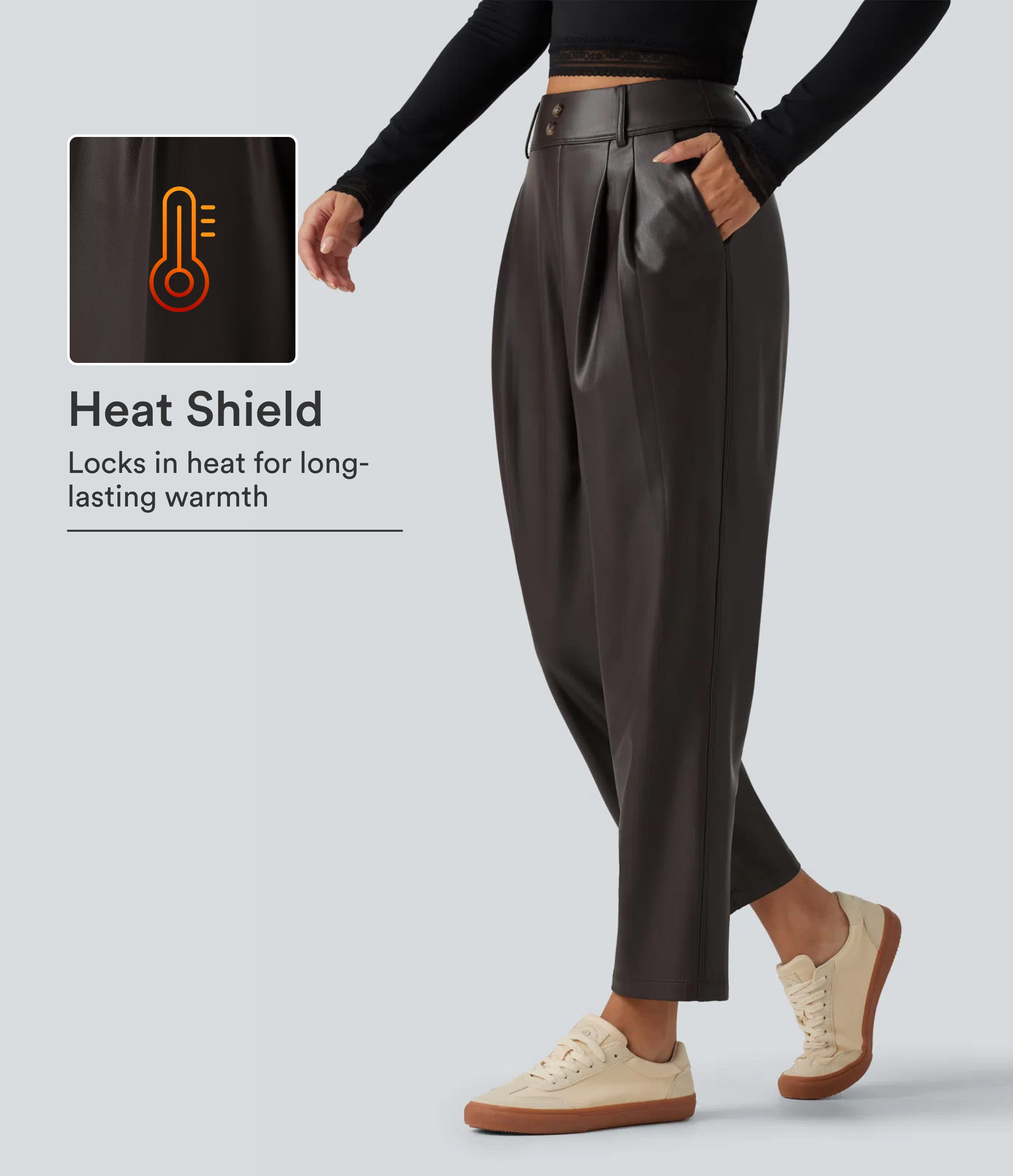 High Waisted Tapered Stretchy PU Fleece Casual Trousers with Pockets