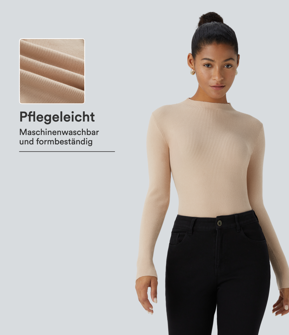 Gerippter Strickpullover mit Rundhalsausschnitt und langen Ärmeln