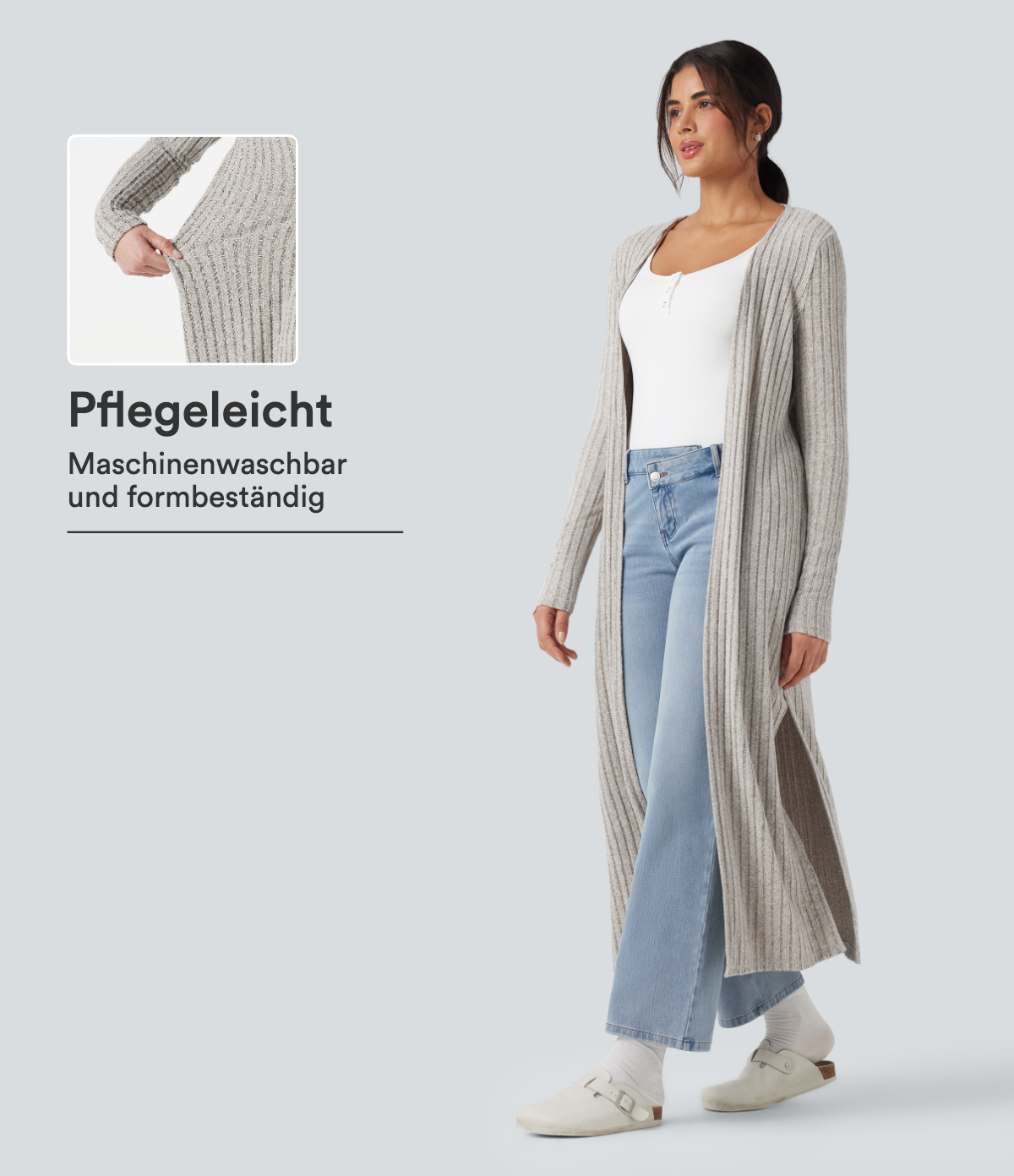 Lässiger, gerippter Strickmantel mit langen Ärmeln und Schlitzen - lang