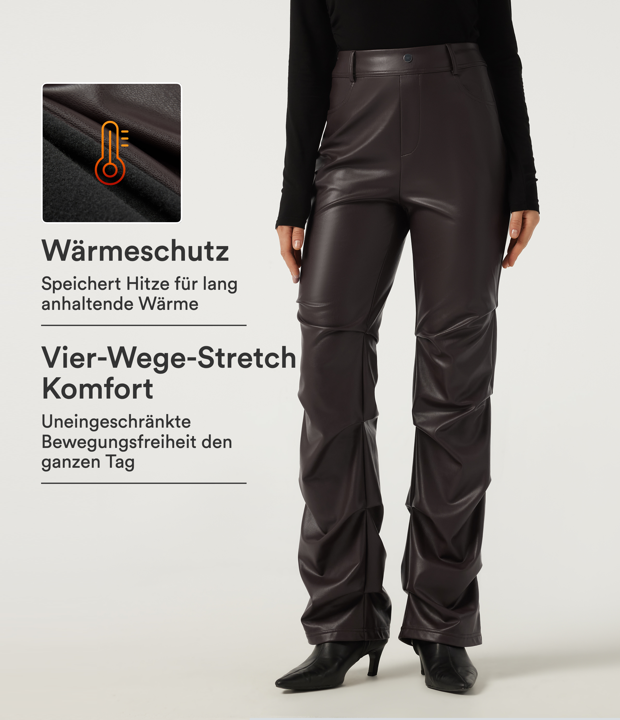 Lässige, geraffte Bootcut-Hose aus elastischem Kunstleder mit hohem Bund und mehreren Taschen