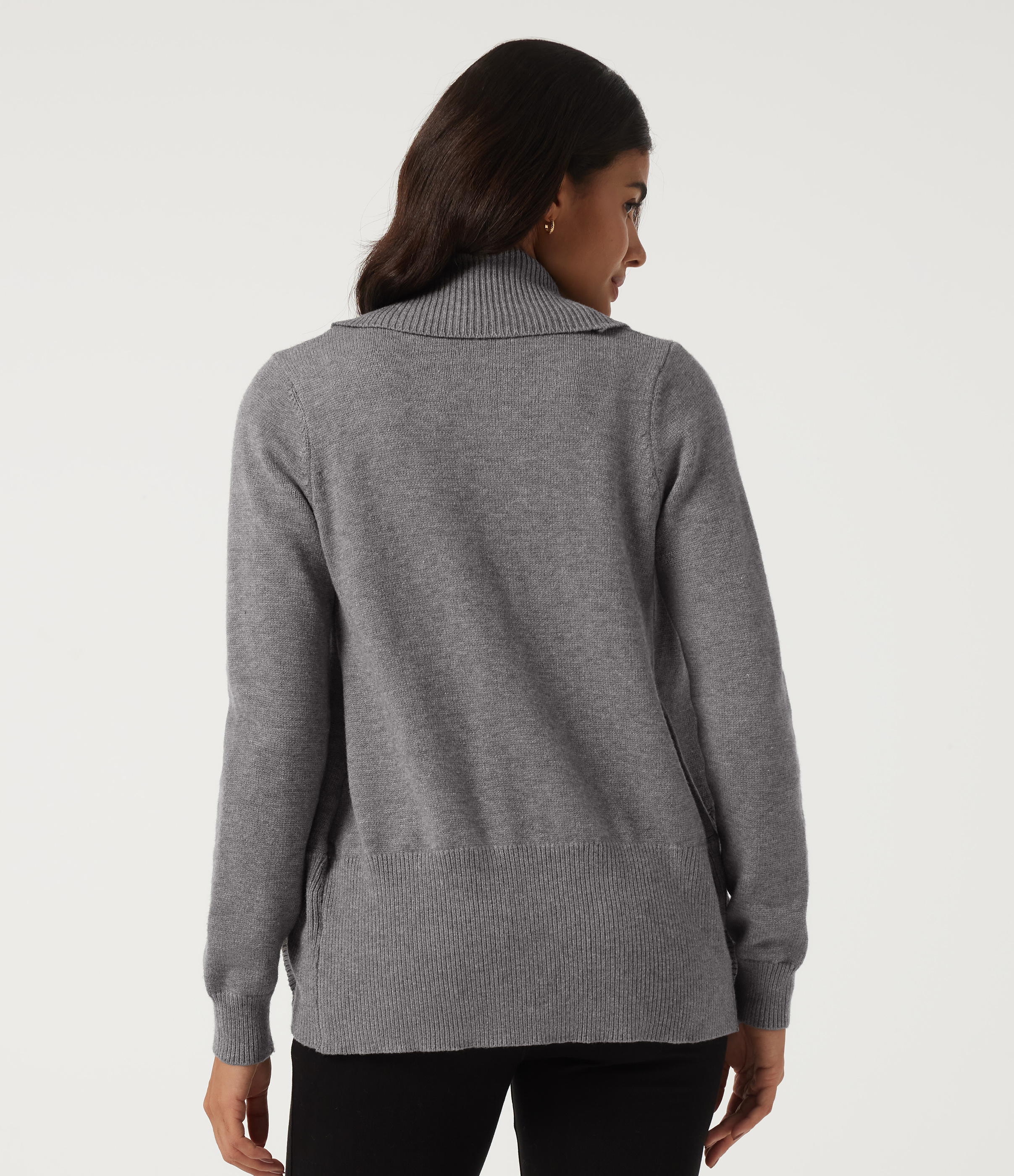 Brushed Nickel Langärmliger Arbeits-Cardigan mit Reverskragen und Daumenlöchern / 2