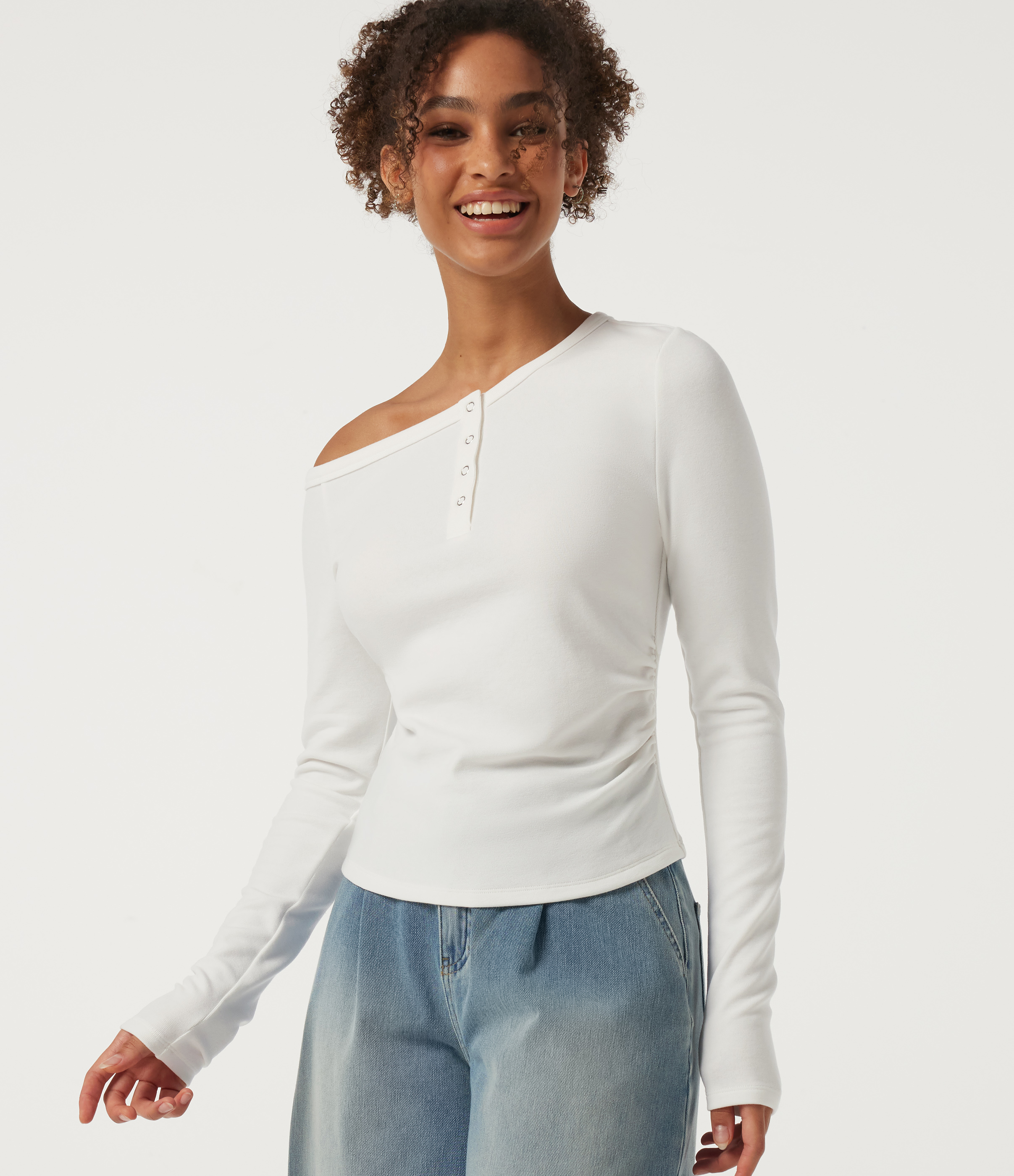 One Shoulder Long Sleeve Asymmetric Ruched Thermal Casual Top
