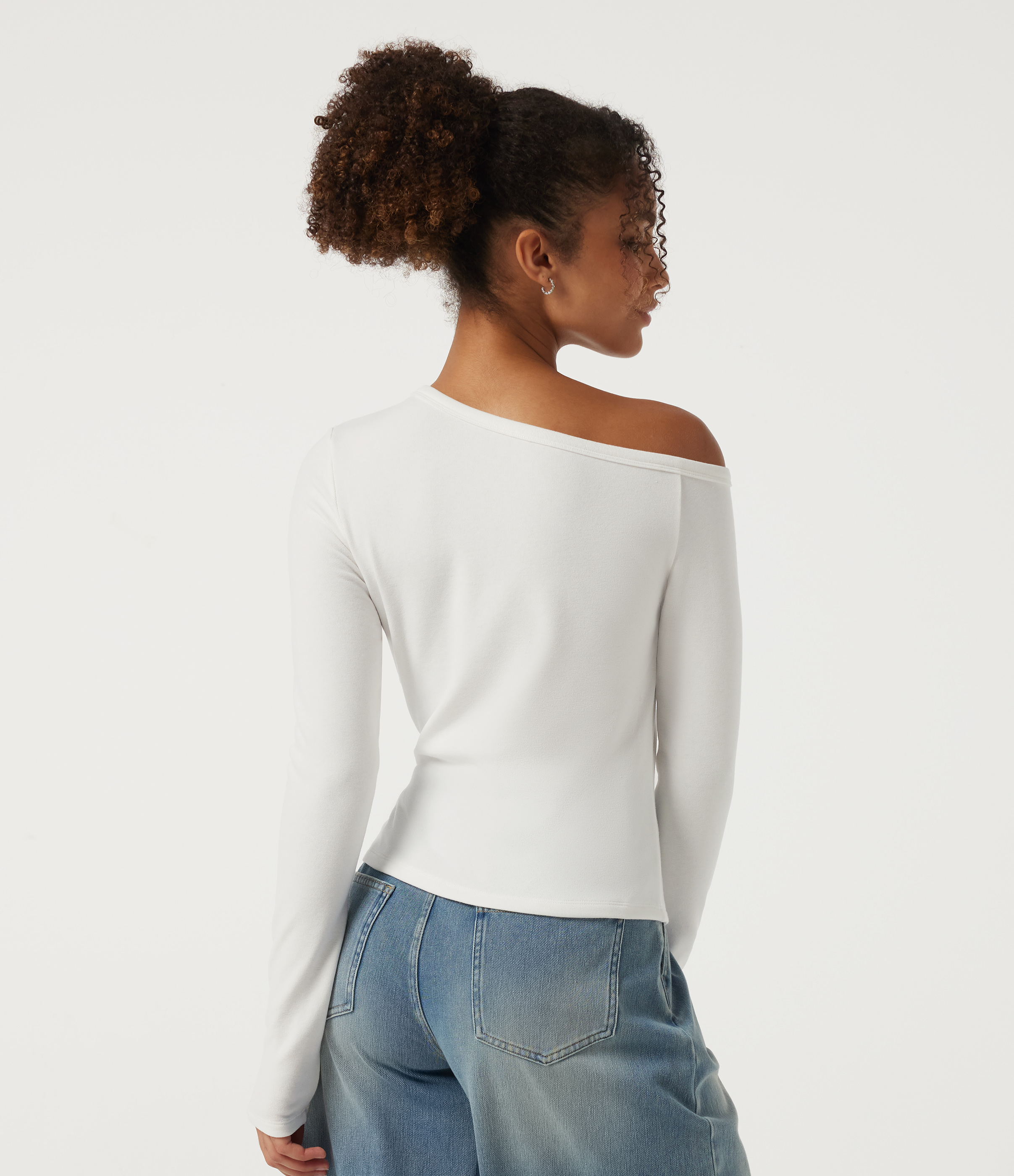 White One Shoulder Long Sleeve Asymmetric Ruched Thermal Casual Top / 2