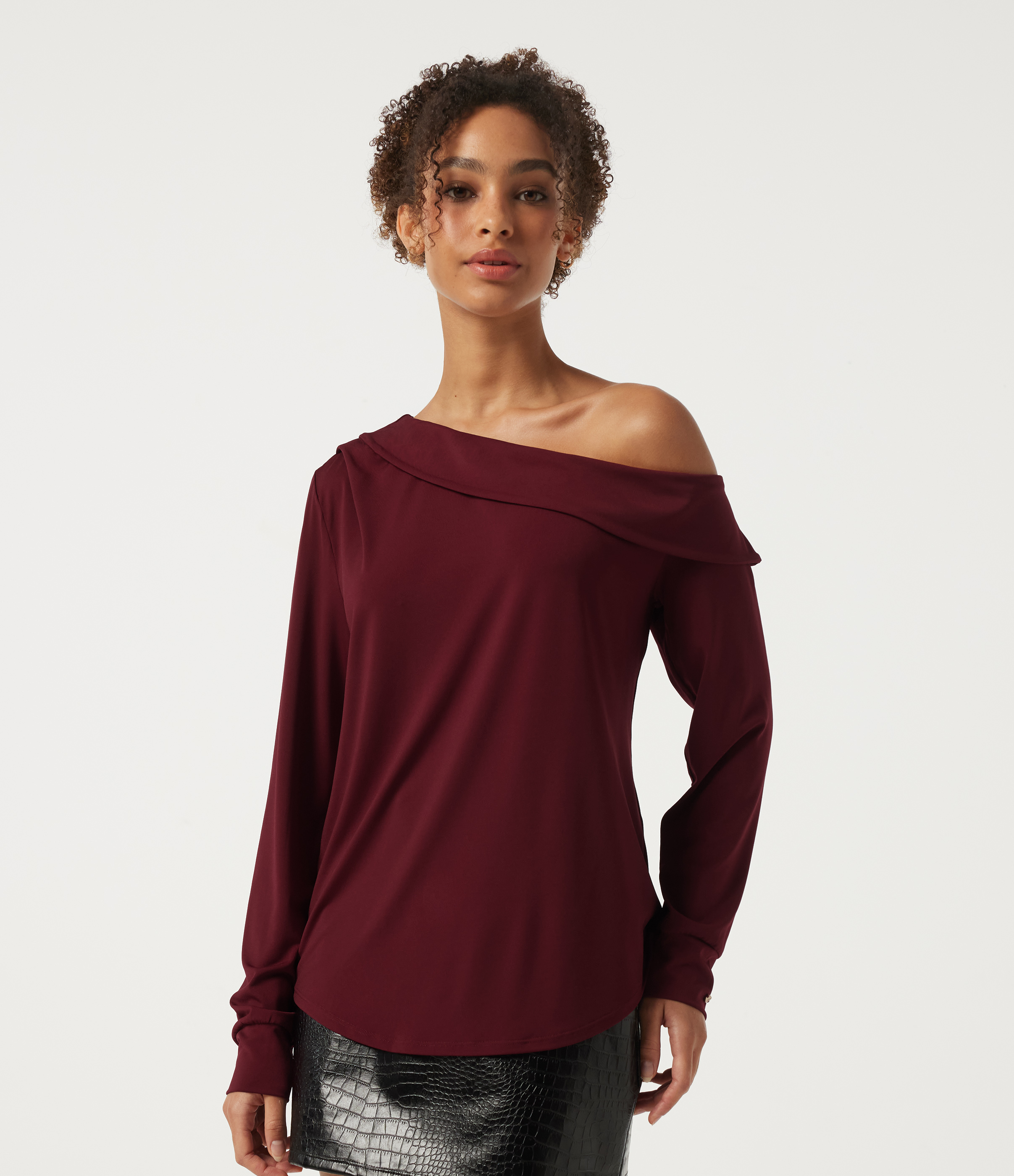 One Shoulder Long Sleeve Curved Hem Work Blouse