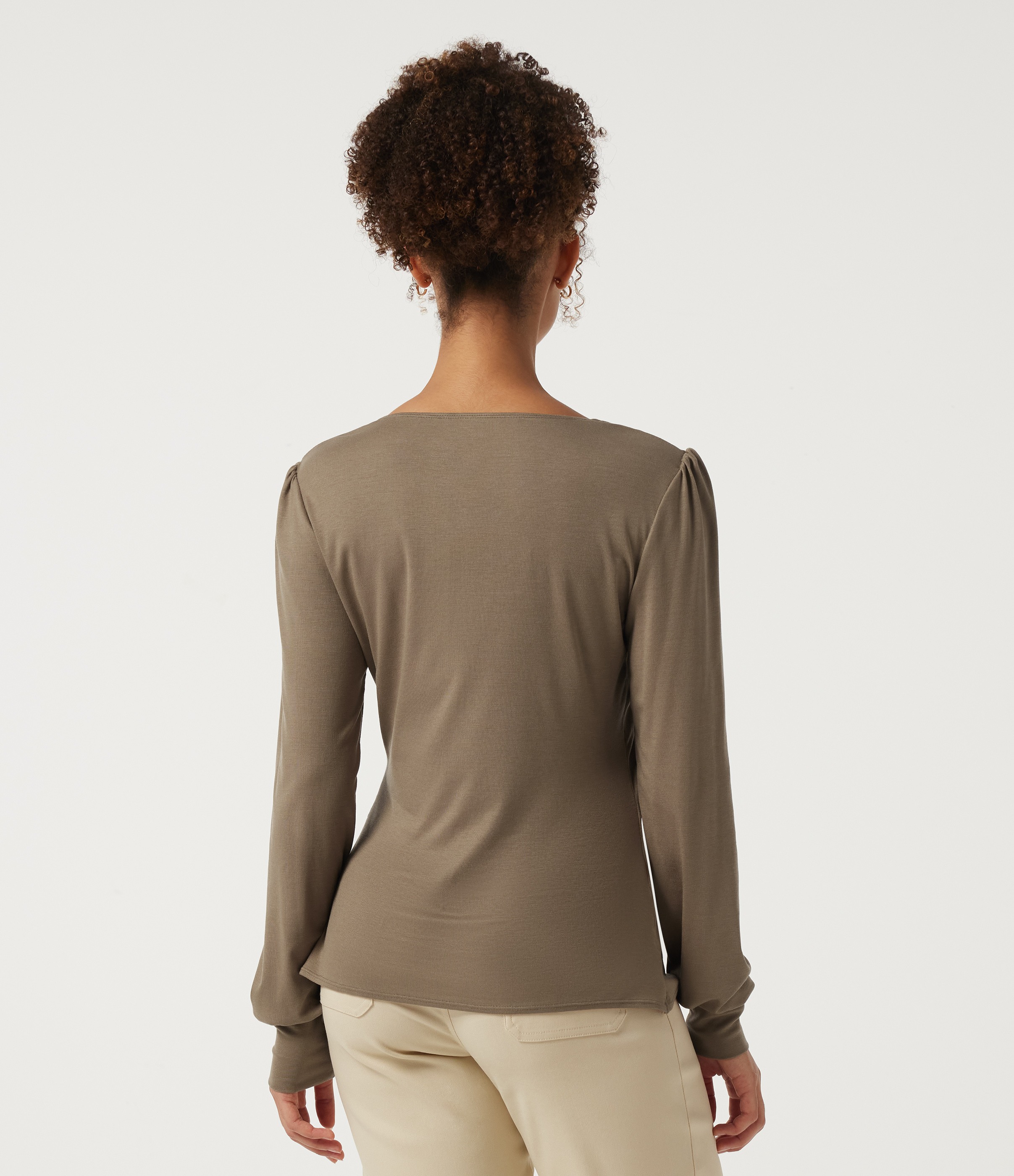 Dark Truffle V Neck Long Sleeve Curved Hem Casual Top / 2