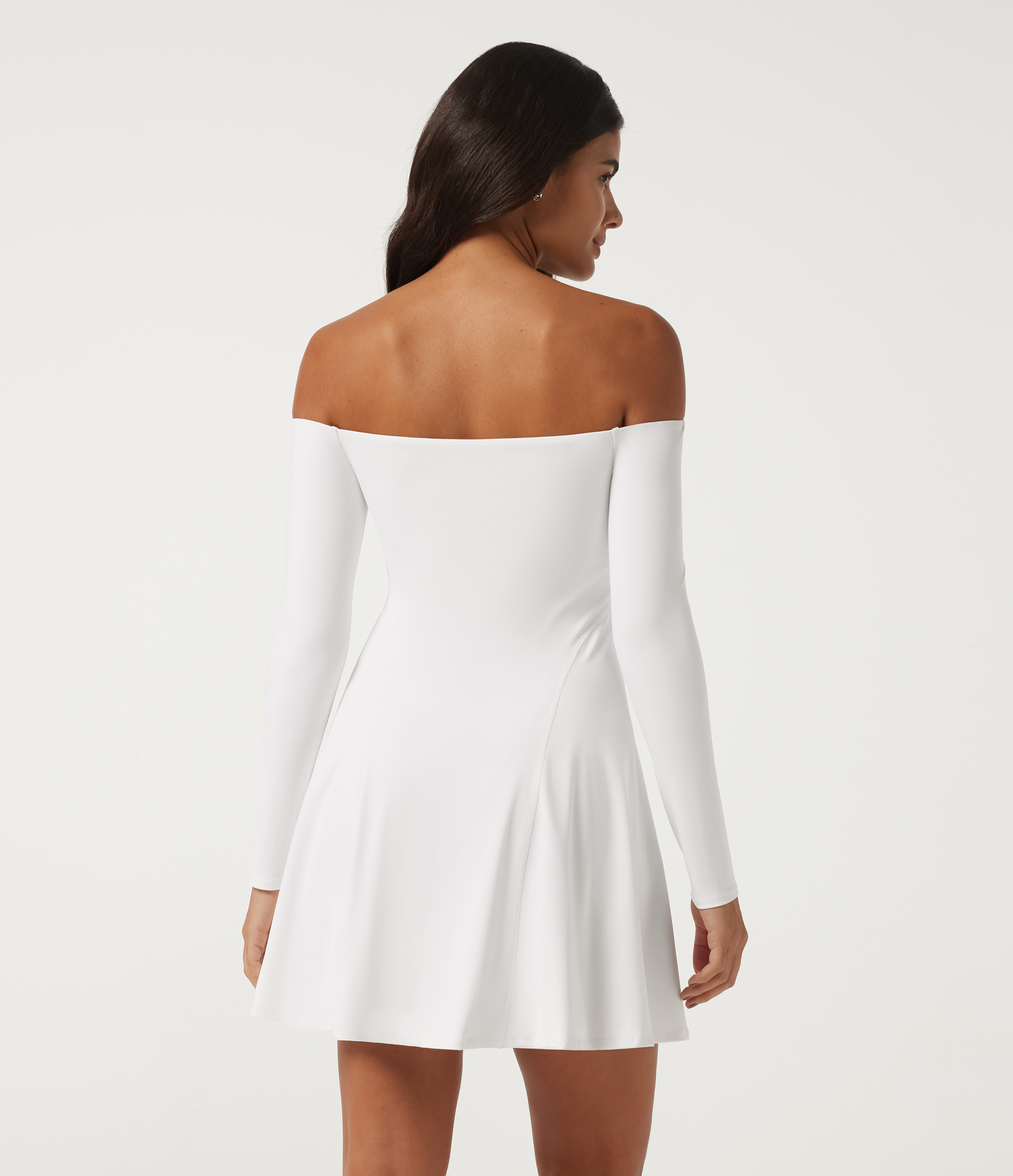 White SoftlyZero™ Plush Off Shoulder Long Sleeve Built-in Bra Mini Casual Dress-B-DD Cups / 2