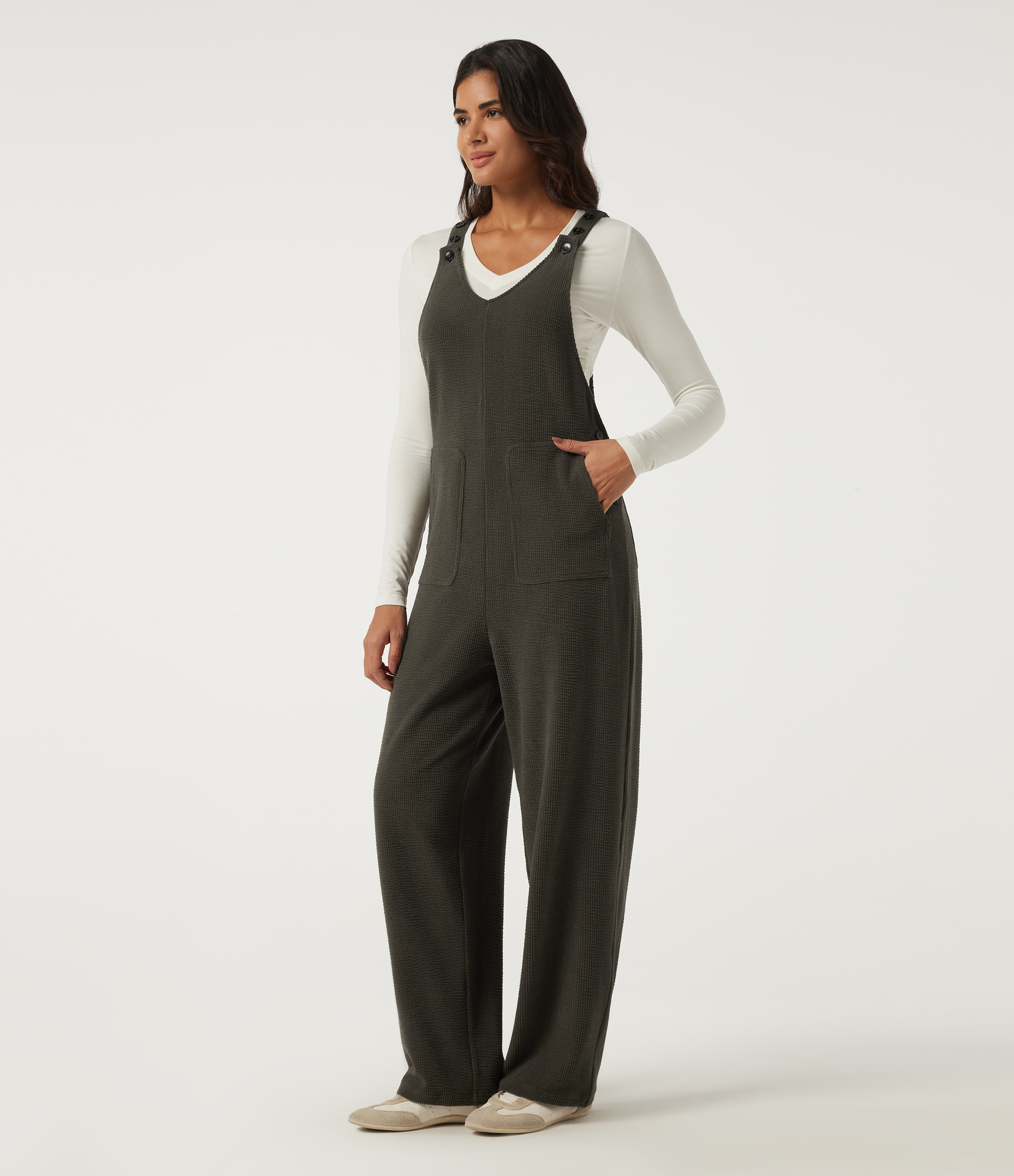 V Neck Sleeveless Straight Leg Corduroy Casual Overall with Pockets