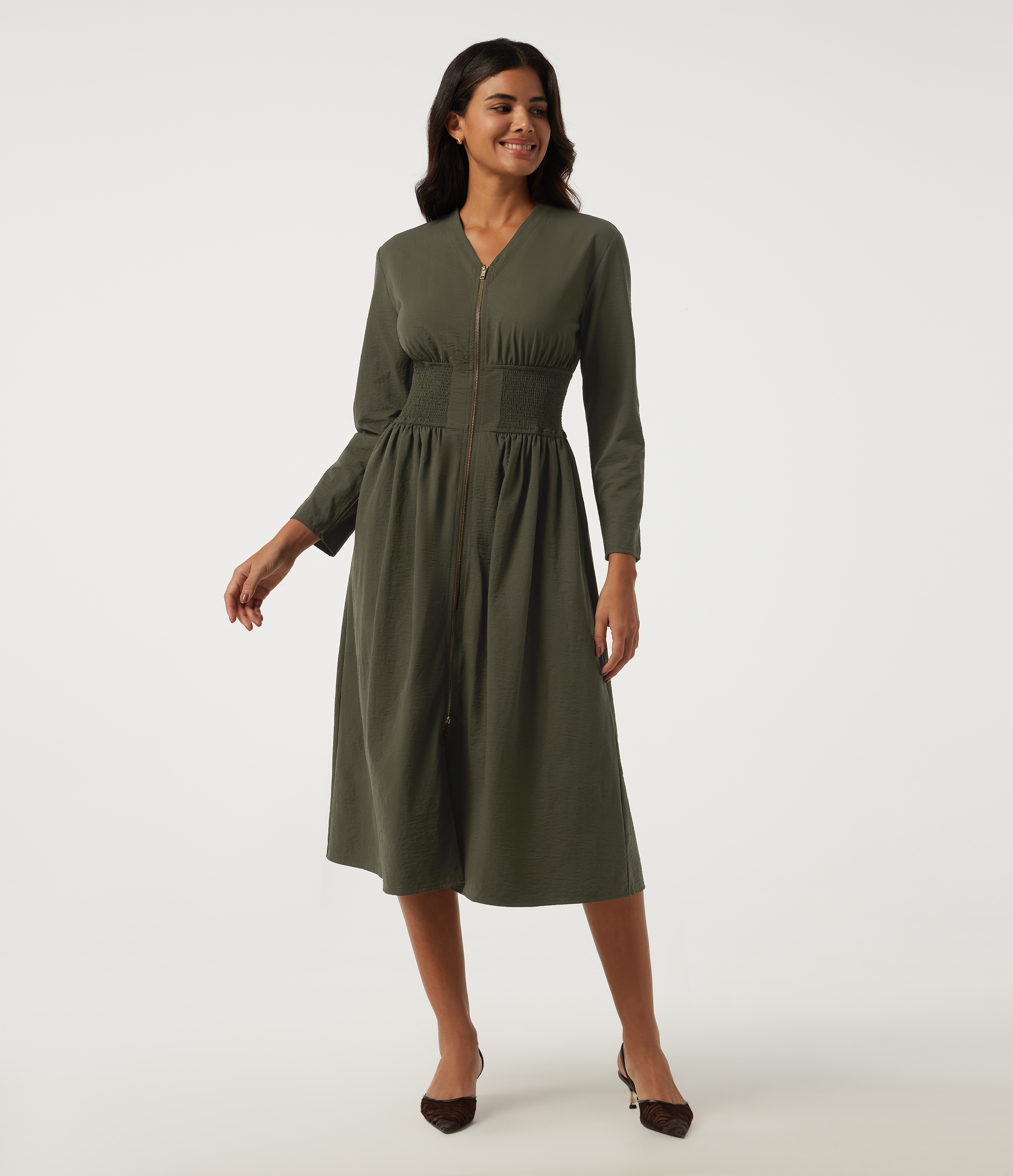 V Neck Long Sleeve A-Line Work Midi Dress with Pockets