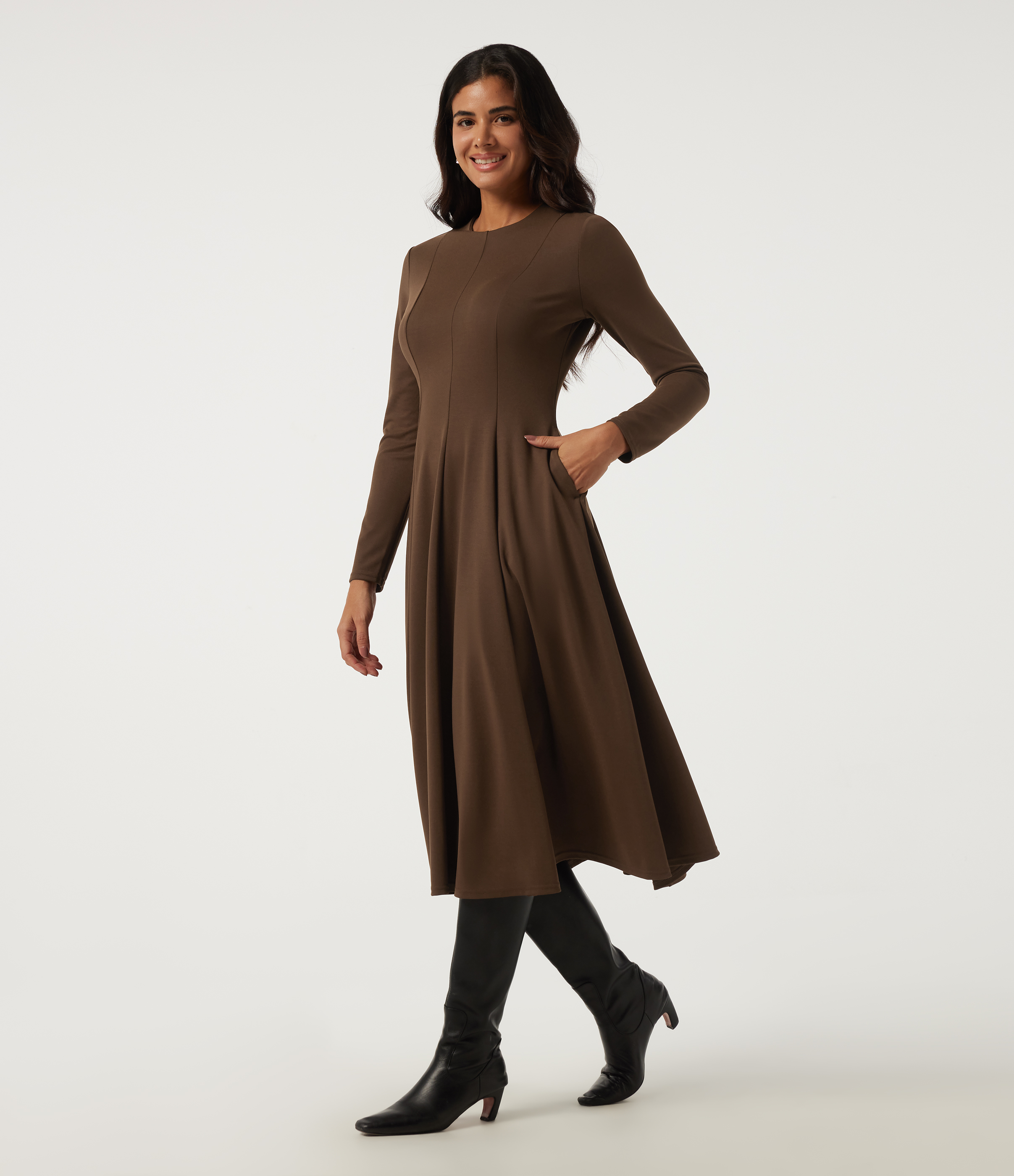 Round Neck Long Sleeve A-Line Party Midi Dress with Pockets