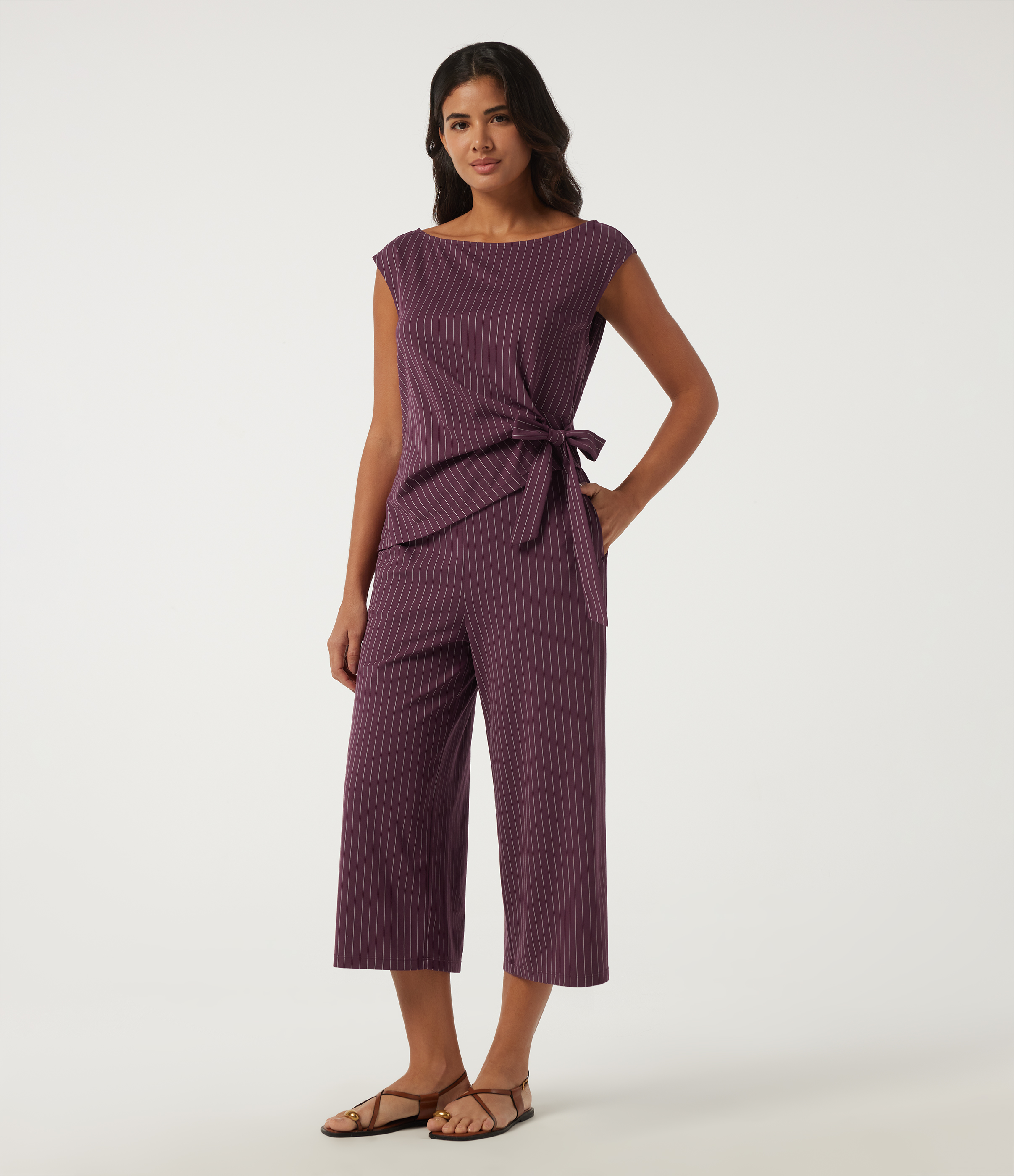 Boat Neck Stripe Sleeveless Wide Leg Tie Work Jumpsuit with Pockets -Easy Peezy Edition