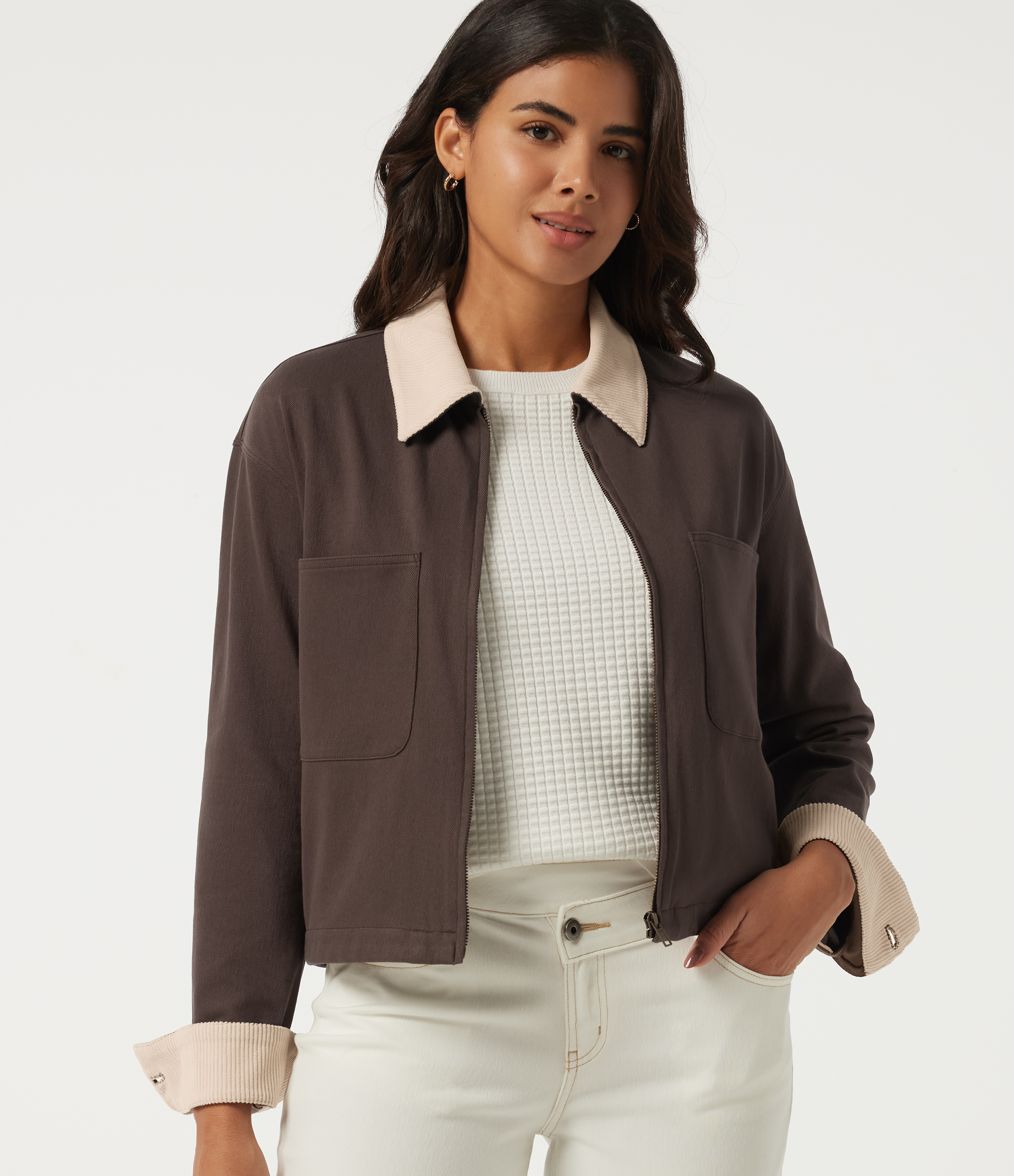 Lapel Collar Color Block Long Sleeve Corduroy Casual Shacket with Pockets