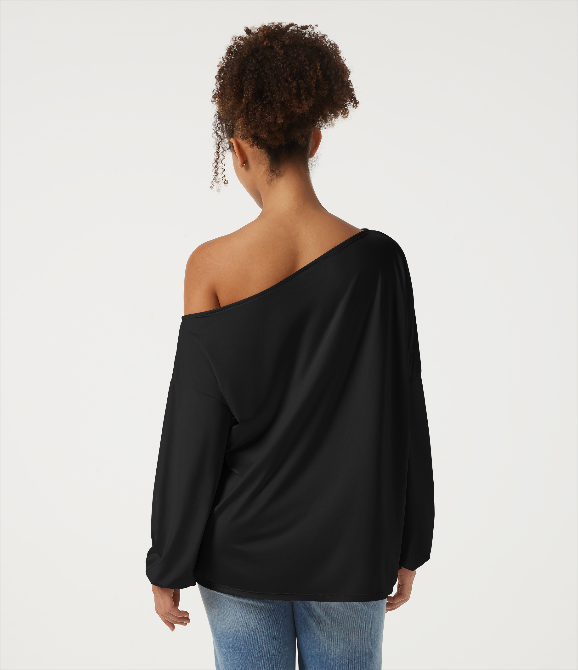 Black One Shoulder Long Sleeve Ruched Casual Blouse / 2