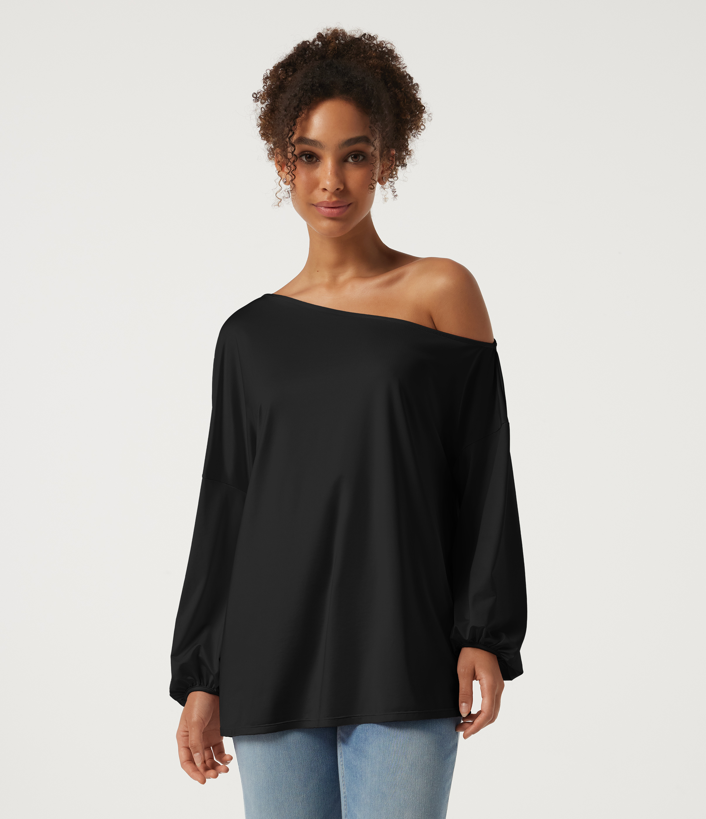 Black One Shoulder Long Sleeve Ruched Casual Blouse / 1