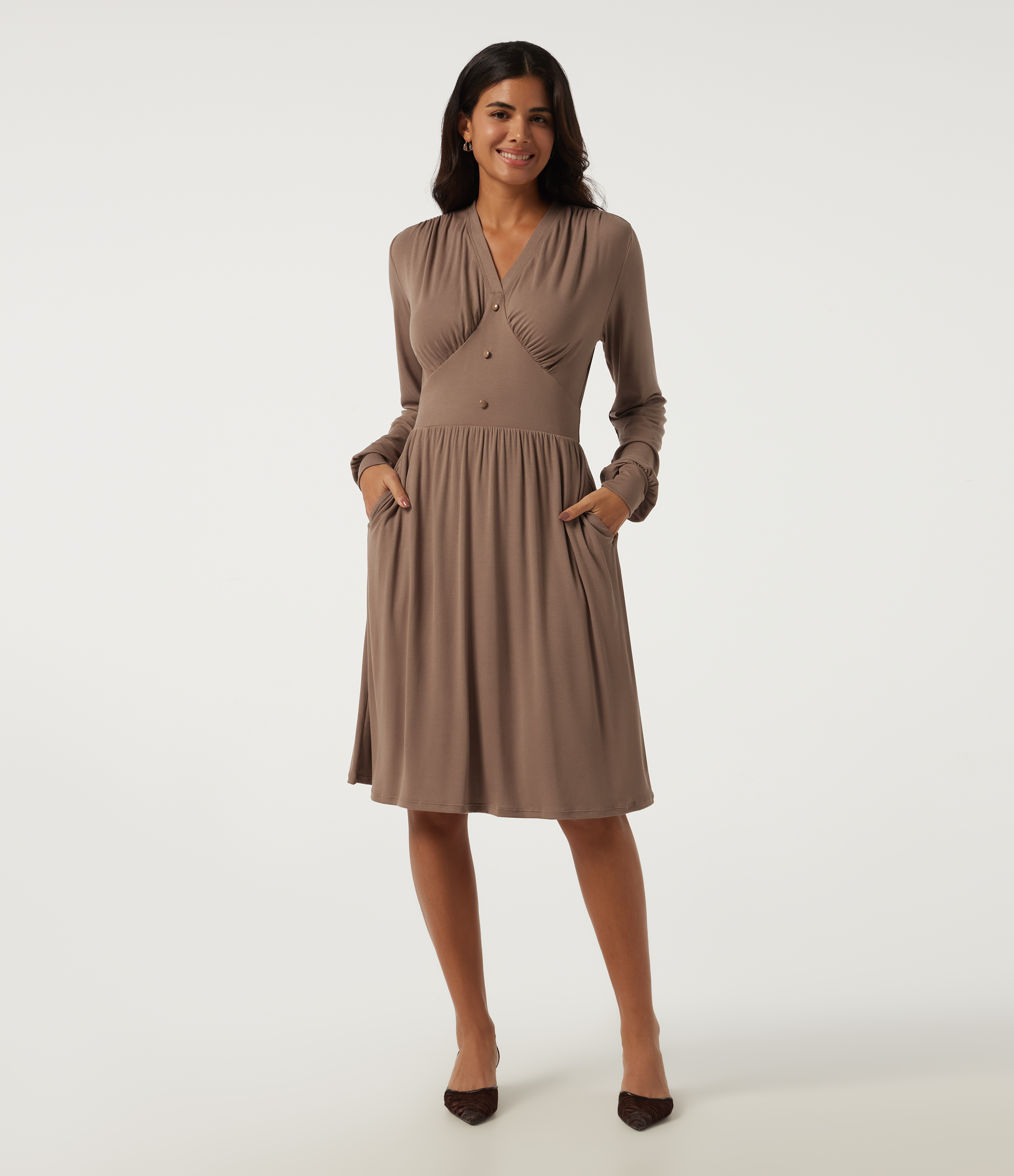 V Neck Long Sleeve A-Line Casual Midi Dress