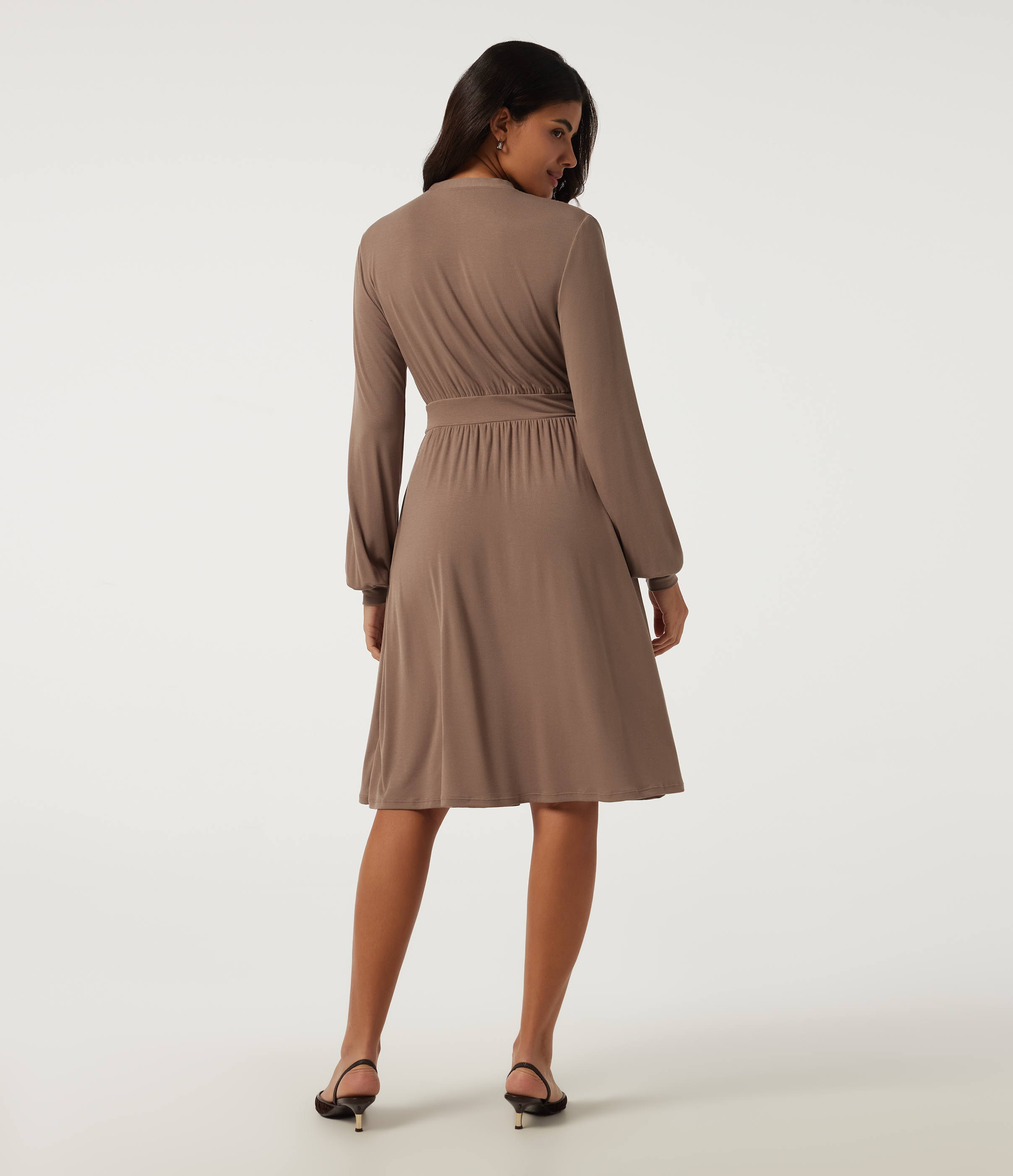 Beaver Fur V Neck Long Sleeve A-Line Casual Midi Dress / 2