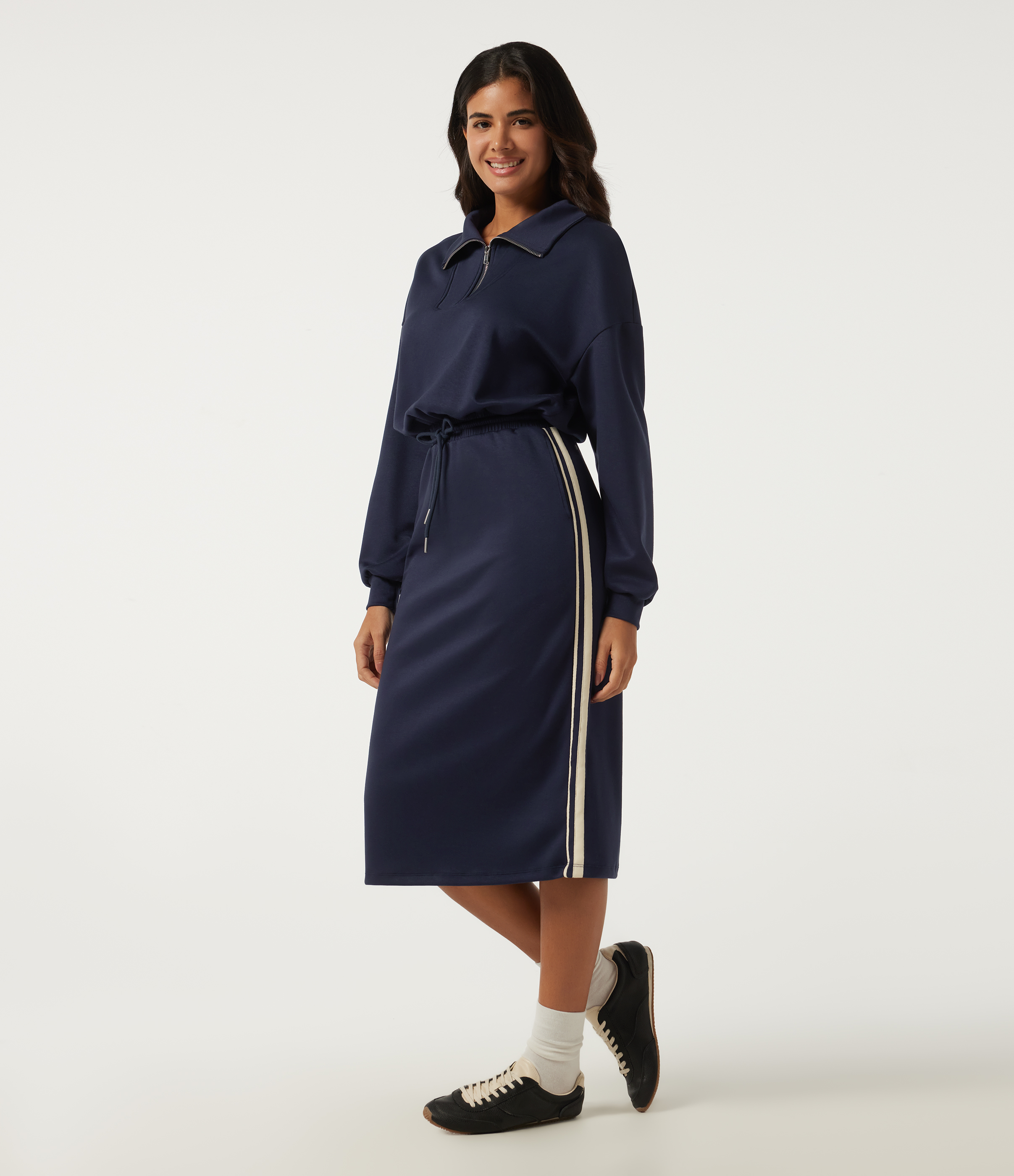Vestido sudadera midi casual con cuello mao, mangas largas, cordón lateral, franja lateral y bolsillos